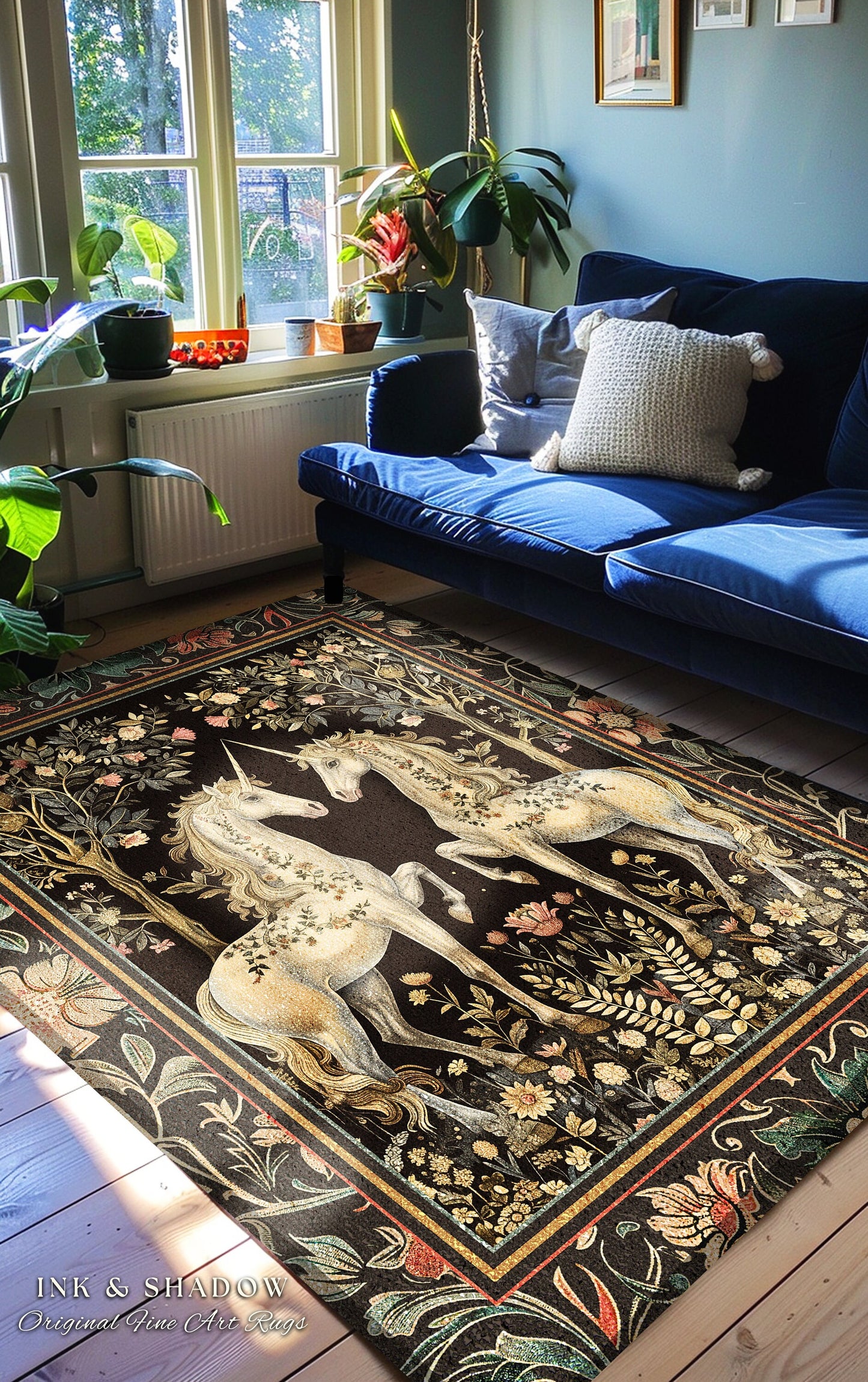 Soft Cottagecore Floral Area Rug Magical Unicorns Fairycore Fairytale Aesthetic | Whimsical Rustic Decor Baroque Romantic Mystic Forestcore