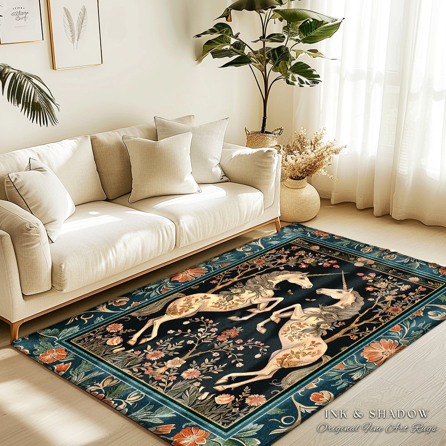 Medieval Folklore Floral Unicorn Rug | Fairytale Aesthetic Woodland Cottagecore Home Accent Rug Fantasy Storybook Whimsical Teal Bedroom |