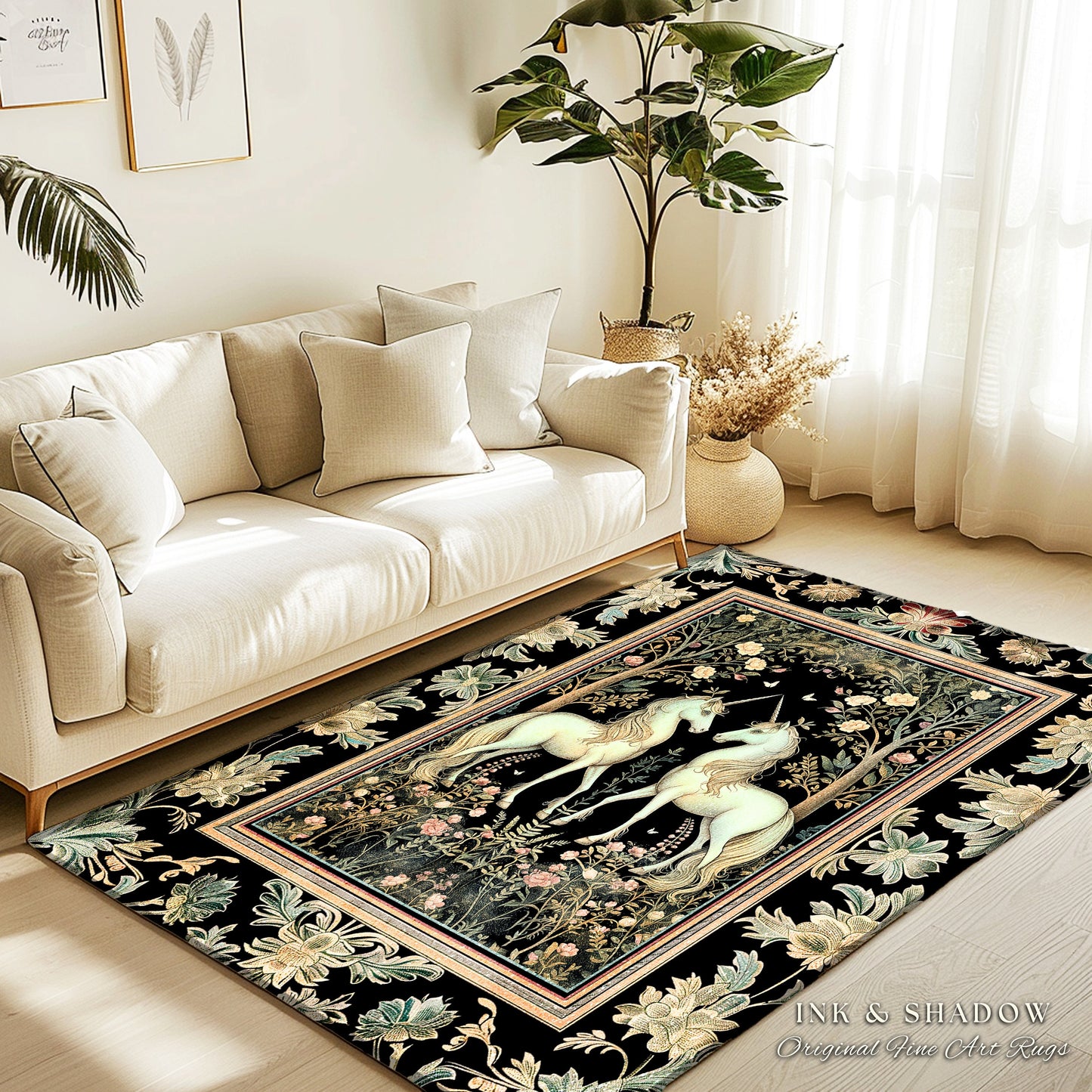Magic Garden Ethereal Unicorn Rug | Folklore Aesthetic Storybook Woodland Whimsy Floral Fairytale Home Accent Rug Fairycore Bedroom Gothic |