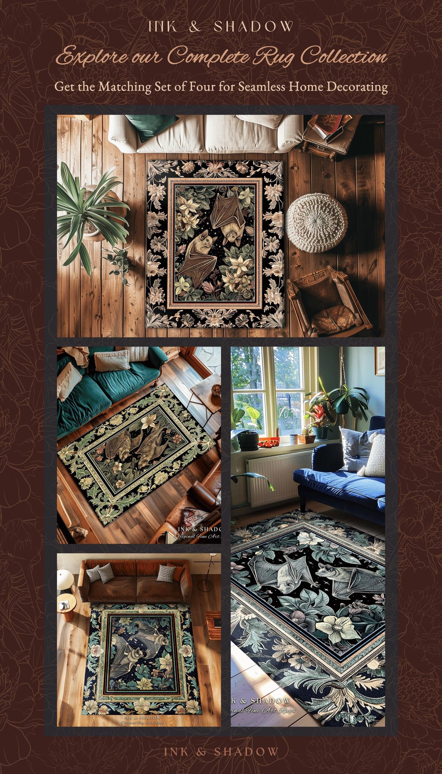Dark Cottagecore Celestial Bat Lover Rug Boho Floral Victorian Gothic Decor | Whimsical Woodland Dark Bat Forestcore Ethereal Botanical Rug