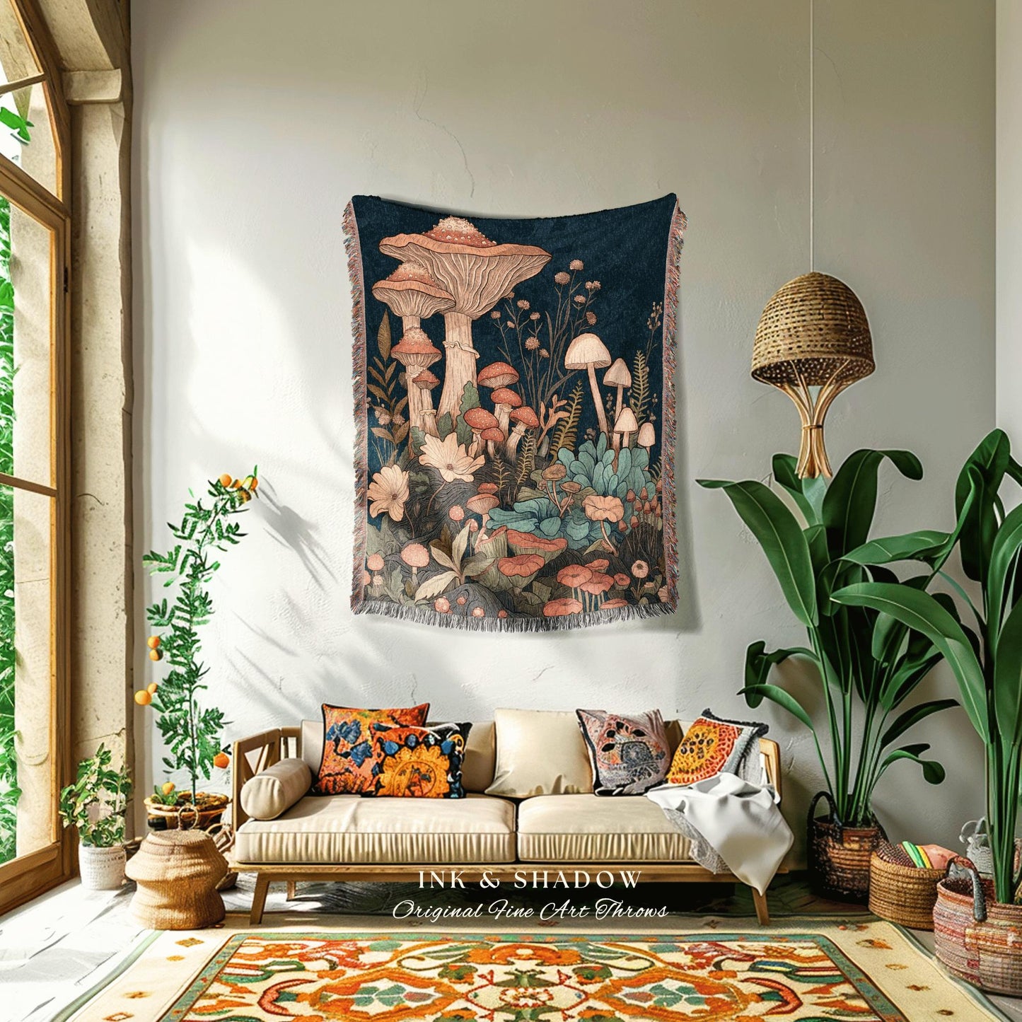 Whimsical Mushroom Forest Blanket | Woven Throw Gift for Mushroom Lover Whimsical Retro Style Reading Nook Aesthetic Magical Aesthetic Decor