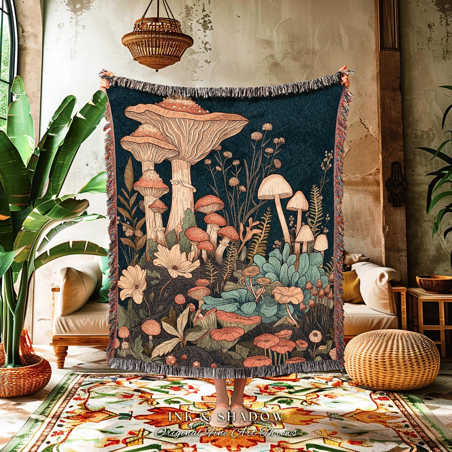 Whimsical Mushroom Forest Blanket | Woven Throw Gift for Mushroom Lover Whimsical Retro Style Reading Nook Aesthetic Magical Aesthetic Decor