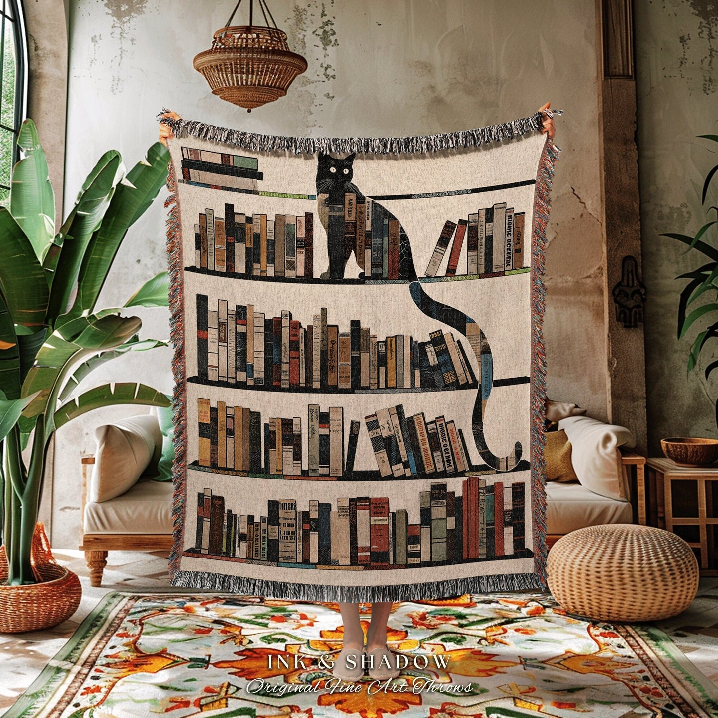 Light Academia Bookshelf Wall Tapestry Woven Cottagecore Gift for Bookworm Whimsical Cat Lover Blanket Boho Room Decor Witchy Bedroom Art