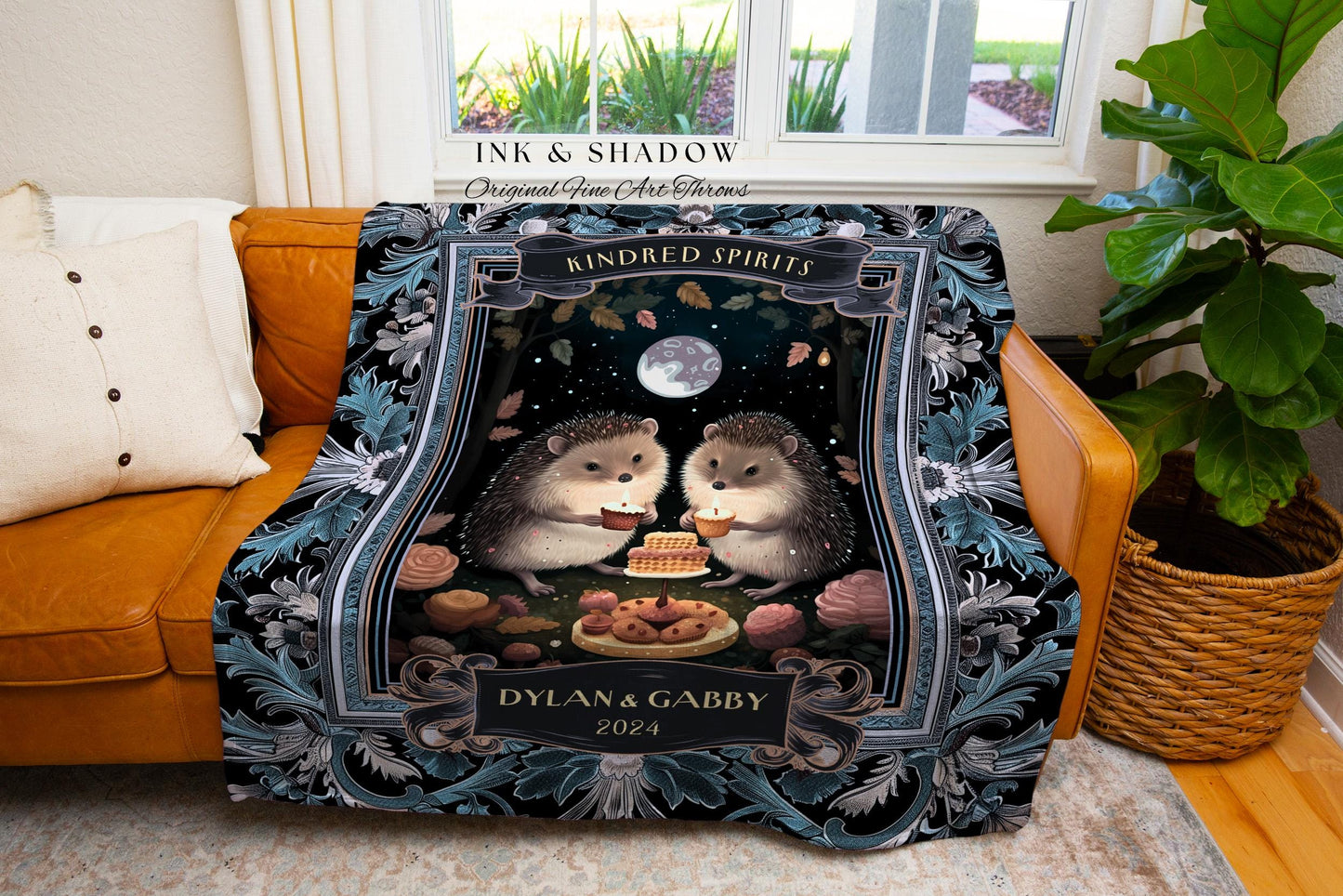 Moon Celestial Hedgehog Lovers Tapestry Blanket Dark Forestcore Mystic Aesthetic | Woodland Wedding Gift Custom Anniversary Cotton Blanket