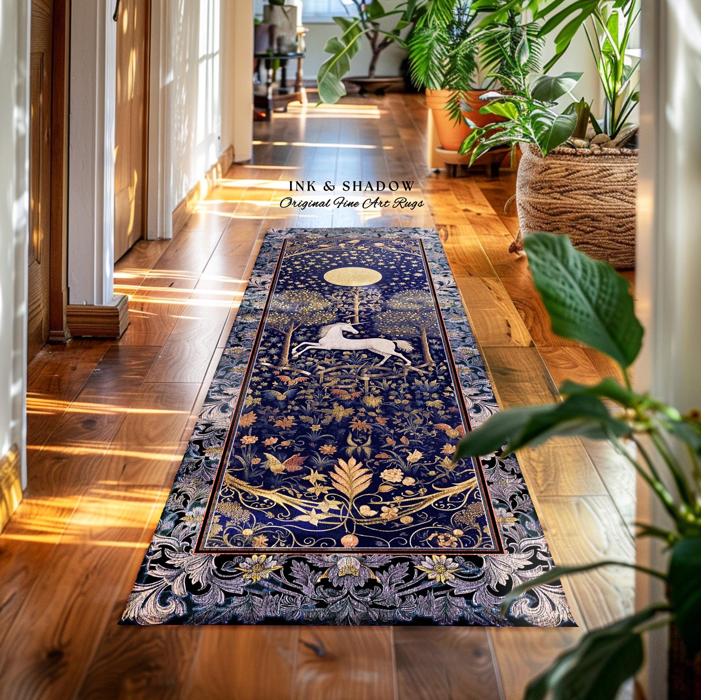 Medieval Fairytale Unicorn Runner Rug | Gothic Whimsical Eclectic Fairycore Home Accent Victorian Gothic Dark Floral Decor French Baroque |