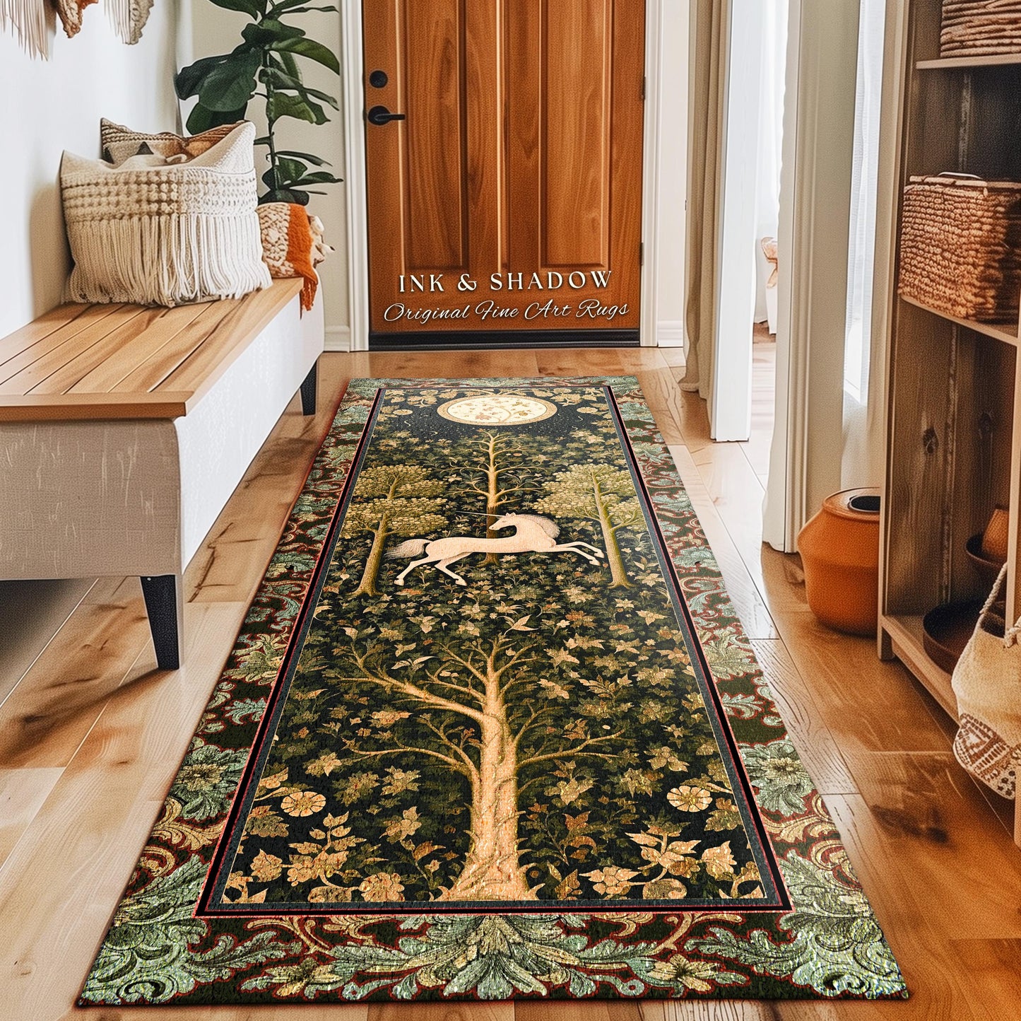 Magic Aesthetic Unicorn Round Area Rug Cottagecore Style, Dark Academia Folklore Decor Maximalist Fantasy Art Enchanted Fairytale Accent