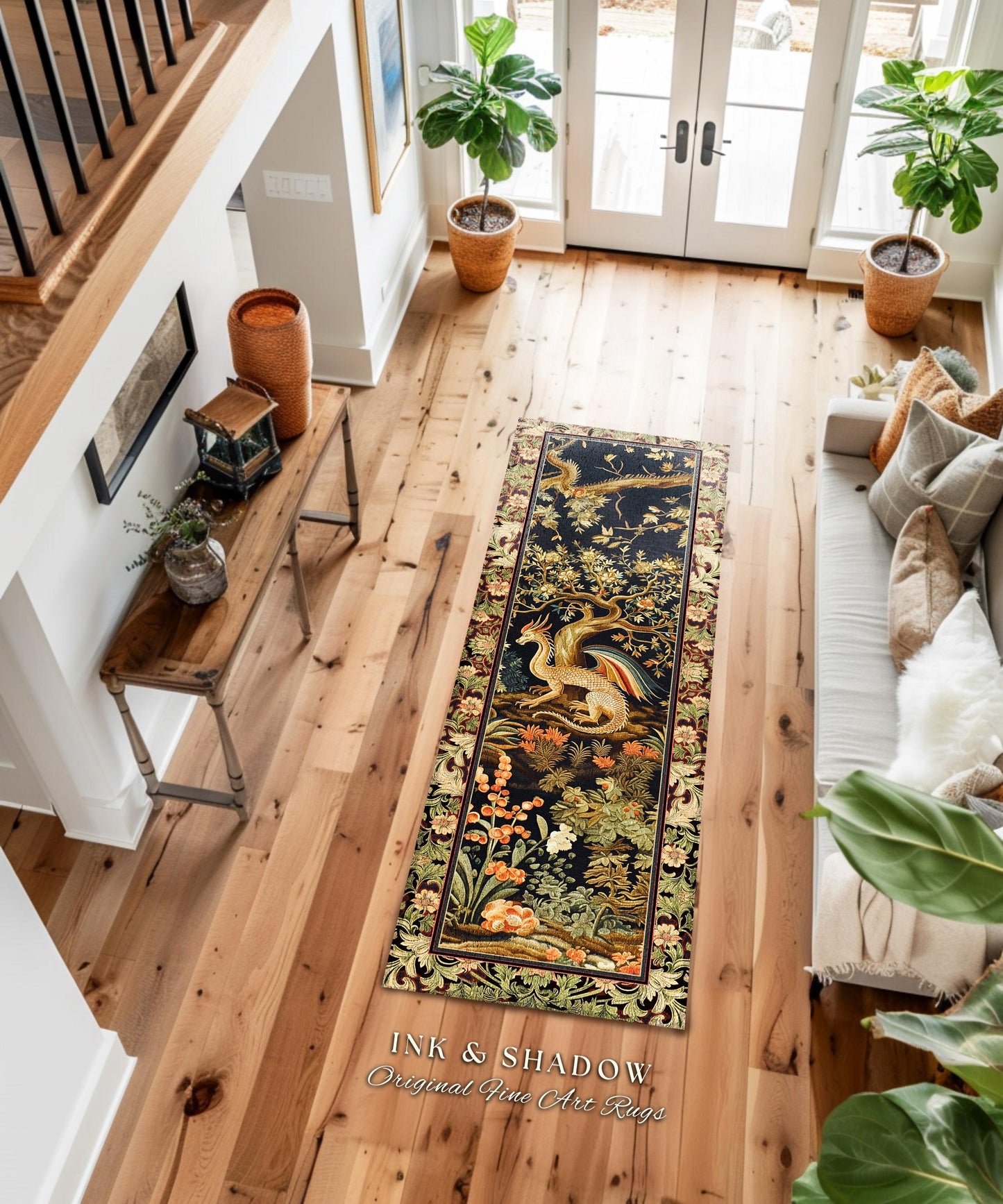 Baroque Dragon Fantasy Round Area Rug | Dark Medieval Enchanting Nature Accent Ancient Aesthetic Ethereal Storybook Home Accent Forestcore