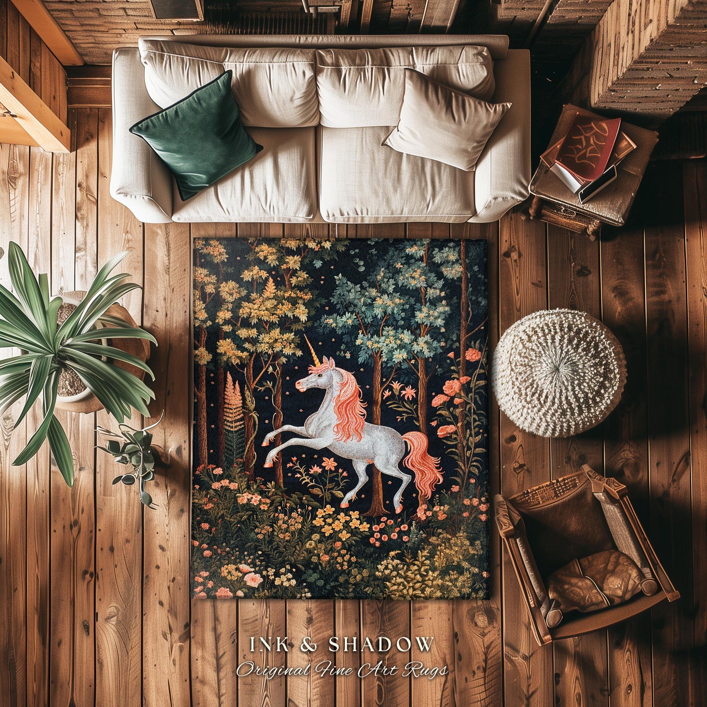 Mystical Woodland Unicorn Rug Whimsical Fairycore Decor | Romantic Baroque Aesthetic Enchanted Forest Renaissance Design Medieval Gothic Rug