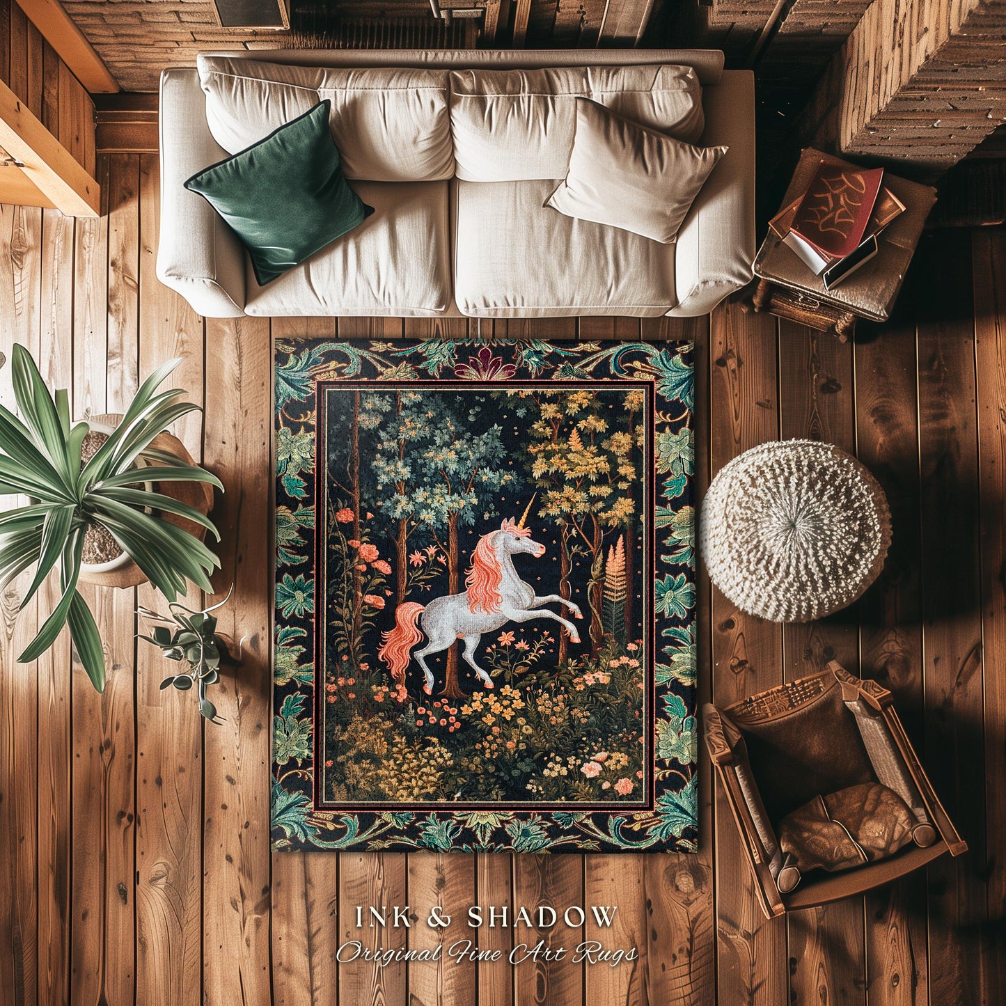 Mystical Woodland Round Unicorn Rug Whimsical Fairycore Romantic Baroque Aesthetic, Enchanted Nursery Forest Art Cute Cottagecore Round Rug