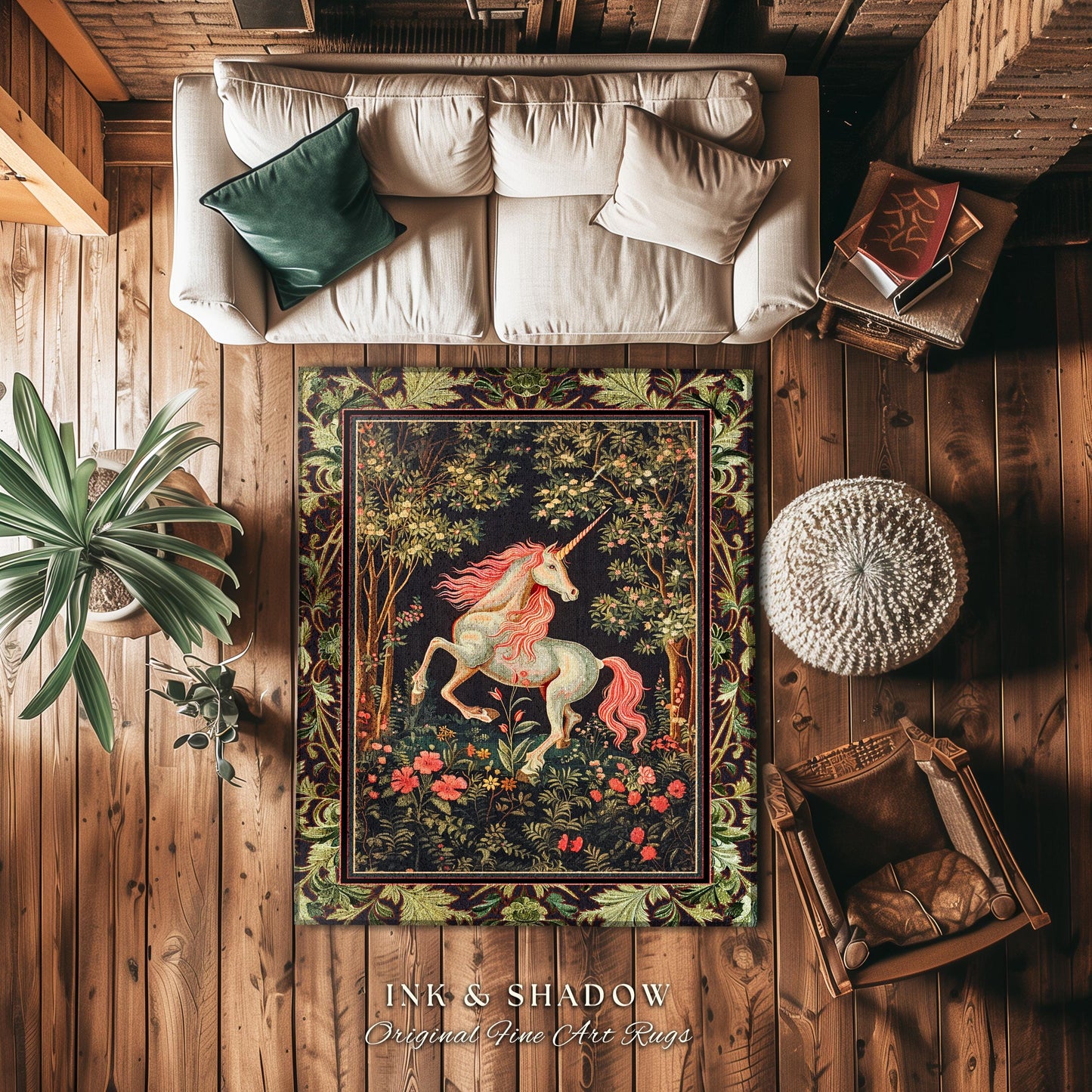 Whimsical Enchanted Unicorn Round Rug Victorian Gothic Dark Cottagecore Decor, Renaissance Folklore Accent Baroque Fairytale Aesthetic Home