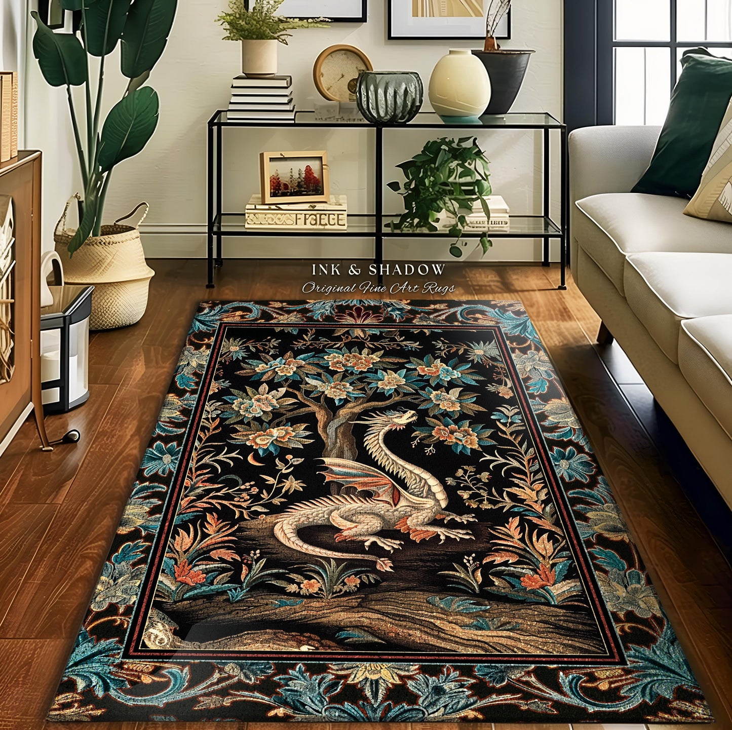 Dark Nature Enchanting Dragon Art Exotic Home Decor Mystical Fantasy Round Dragon Rug | Ethereal Woodland Magical Creature Goblincore Rugs