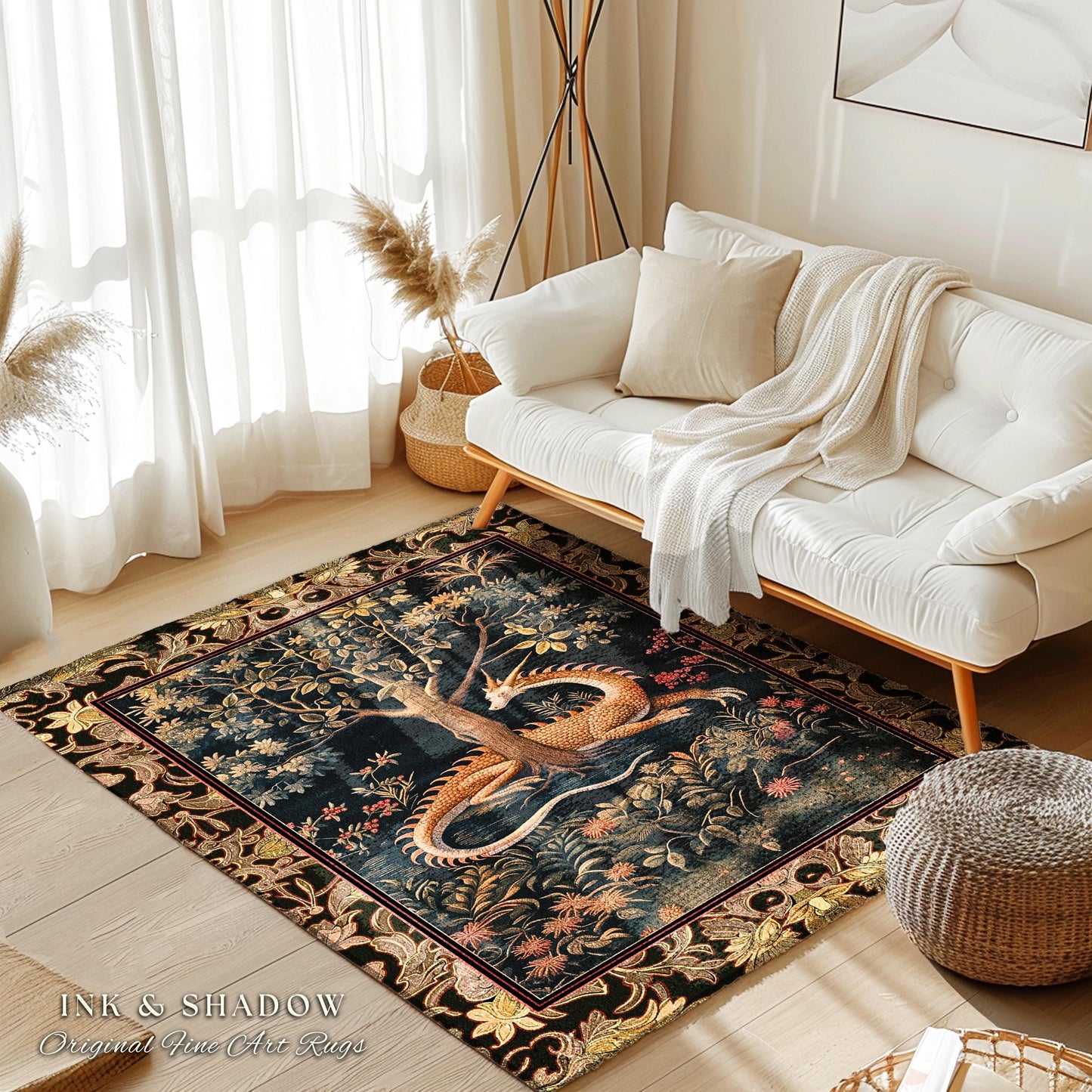 Ancient Dragon Art Area Rug Mystical Enchanting Forest Decor | Antique Baroque Aesthetic Academia Dark Fantasy Ethereal Rug Folklore Home