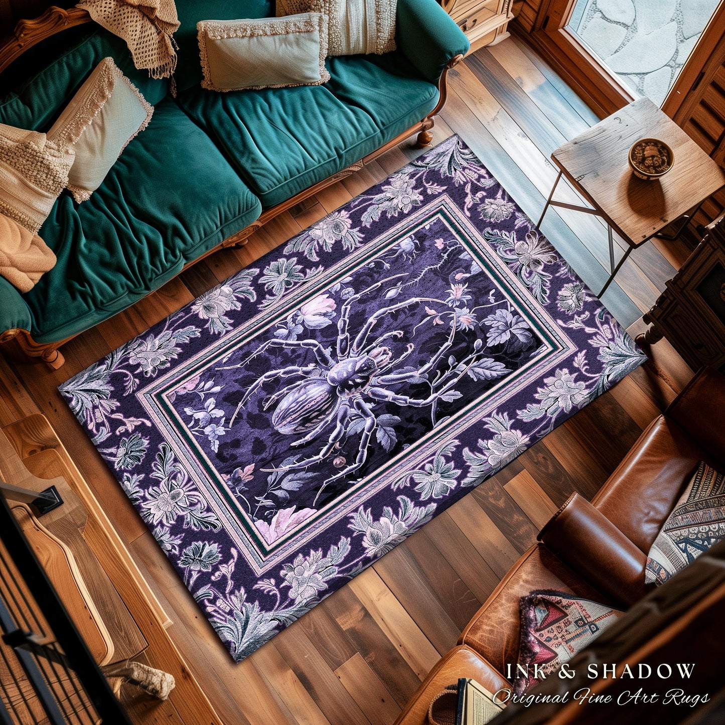 Whimsigothic Purple Spider Rug | Pastel Gothic Victorian Cottagecore Home Decor Witchy Whimsical Enchanted Nature Amethyst Home Accent |