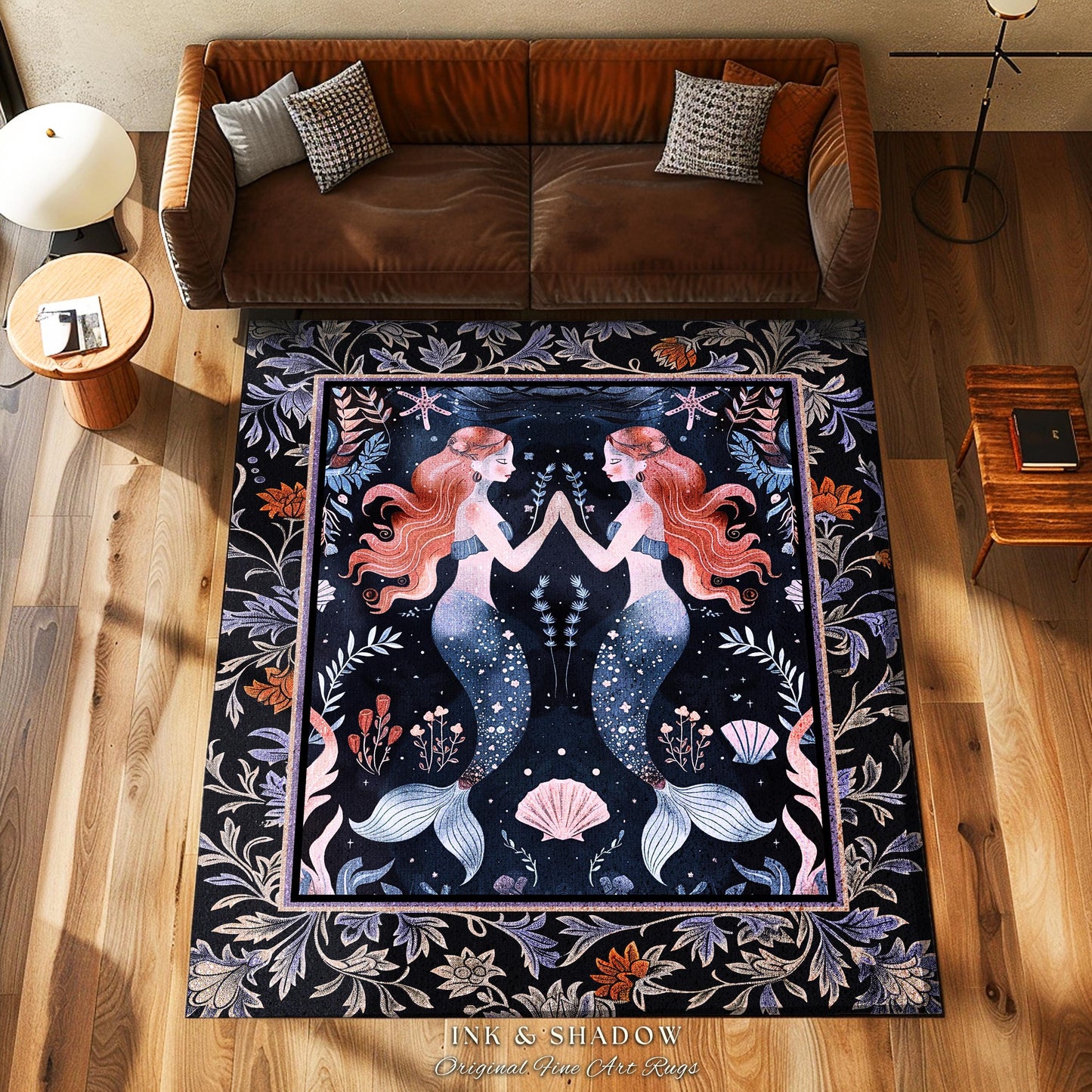 Ocean Sea Nymph Rug Art Nouveau Mystical Mermaid Underwater Decor, Whimsical Coastal Cottagecore Enchanted Dark Oceanic Fantasy Folklore Rug