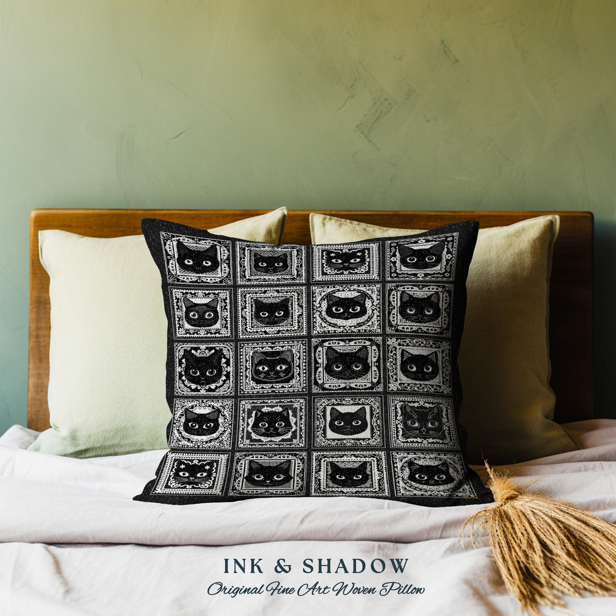Black Cats Whimsigothic Woven Folk Art Pillow | Cute Cozy Gothic Dark Cottagecore Tapestry Style Cushion Witchy Bedroom Halloween Hoe Decor