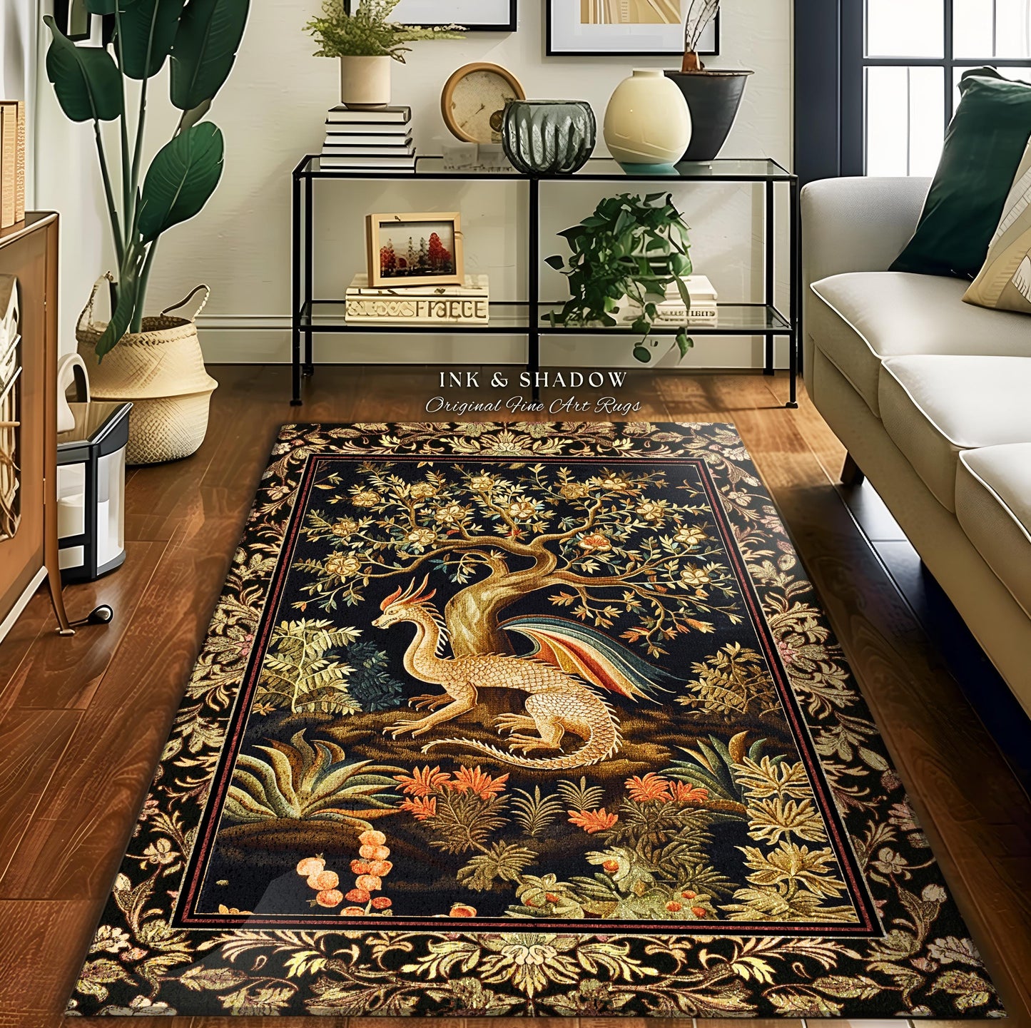Baroque Dragon Fantasy Round Area Rug | Dark Medieval Enchanting Nature Accent Ancient Aesthetic Ethereal Storybook Home Accent Forestcore