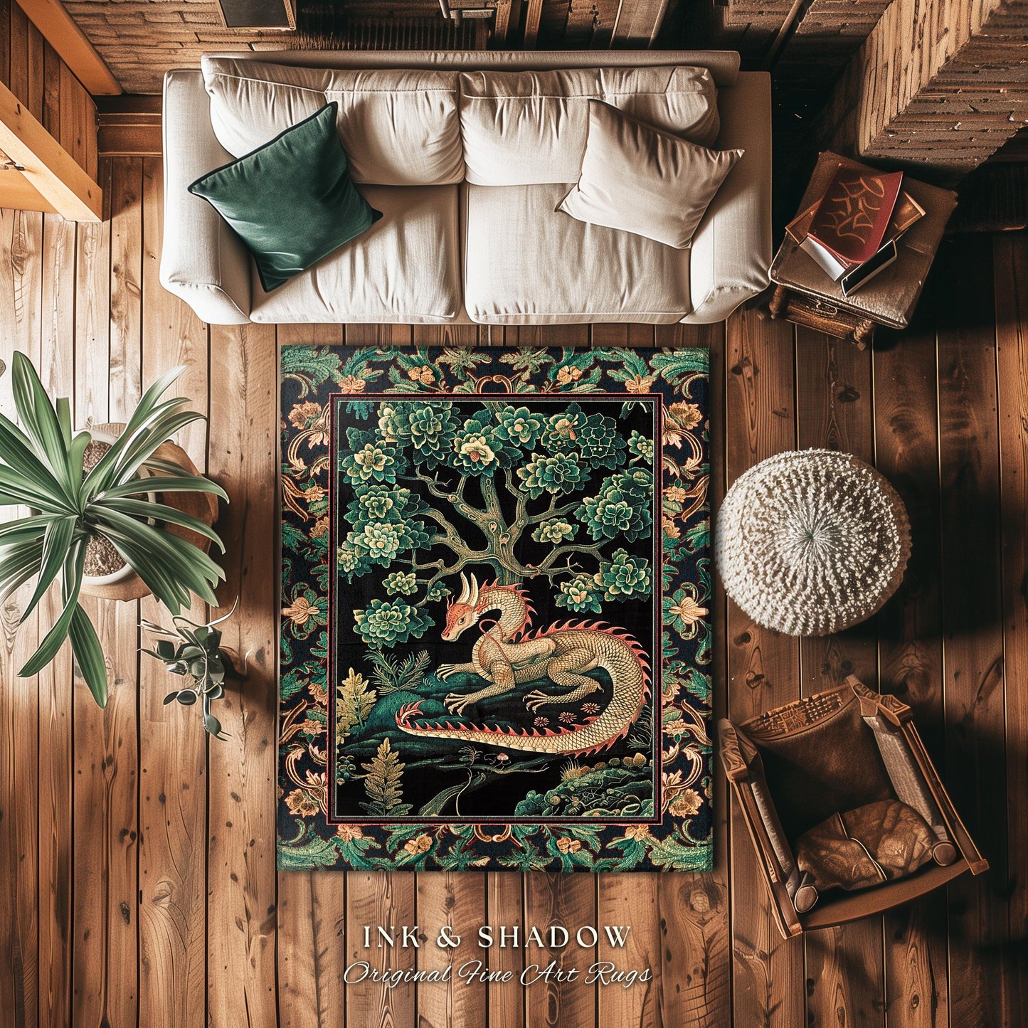 Woodland Dragon Round Area Rug Enchanted Forest Medieval Fantasy Charm Dark Forestcore Fairytale Cottagecore Renaissance Nature Home Accent
