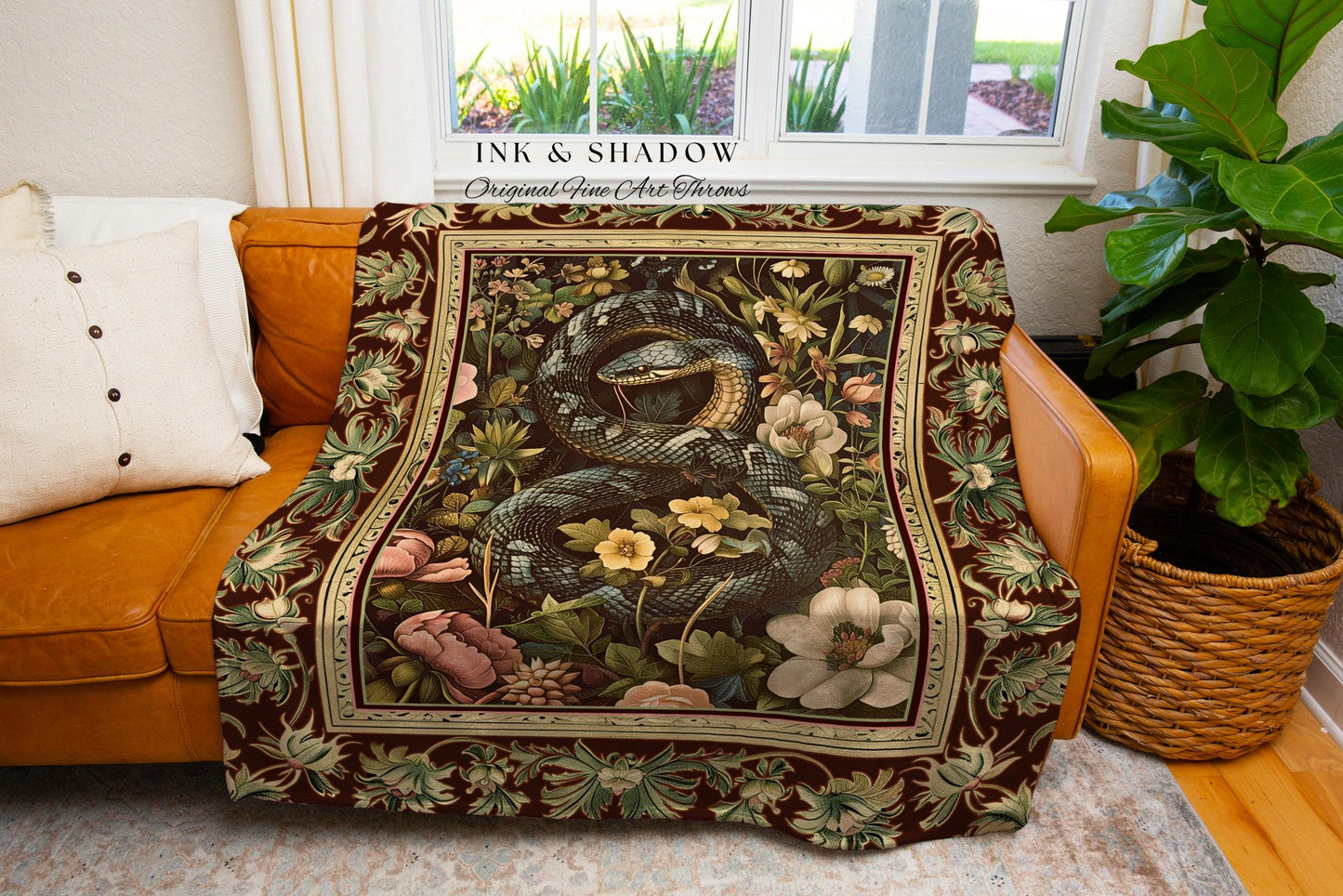 Soft Cottagecore Serpent Art Enchanted Forest Floral Snake Tapestry Blanket | Woodland Fairycore Goblincore Decor Whimsical Wildflower Throw