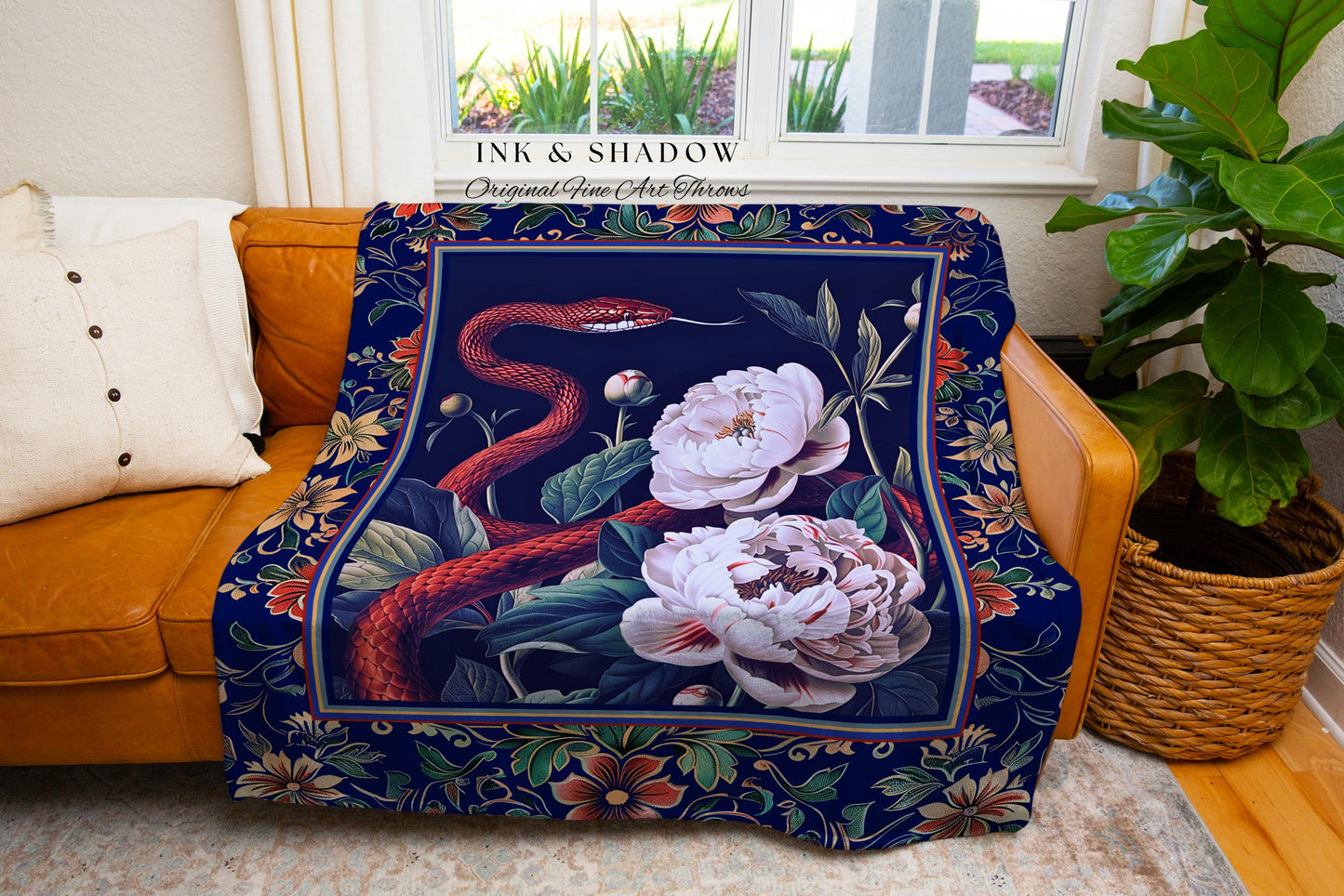 Moody Dark Botanical Serpent Enchanted Floral Tapestry Blanket Exotic Gothic Decor | Ethereal Woodland Snake Victorian Art Nouveau Throw