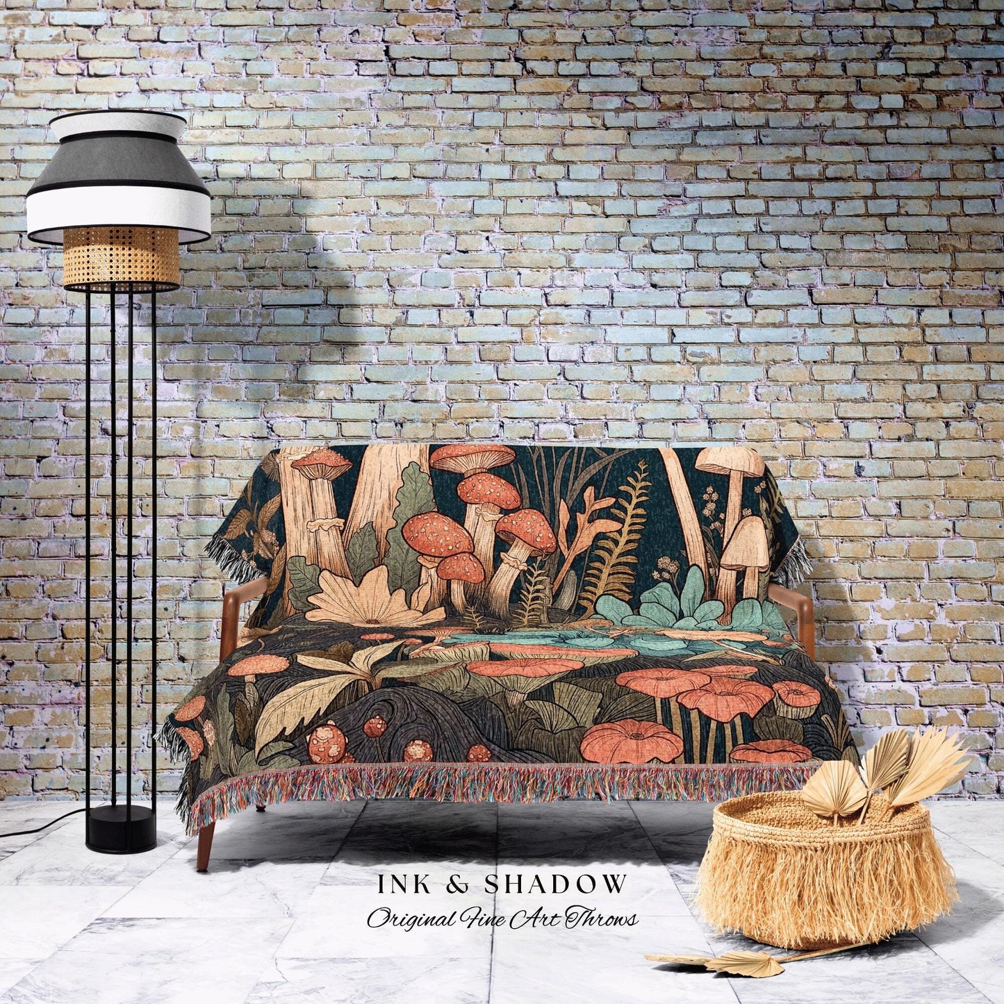 Whimsical Mushroom Forest Blanket | Woven Throw Gift for Mushroom Lover Whimsical Retro Style Reading Nook Aesthetic Magical Aesthetic Decor