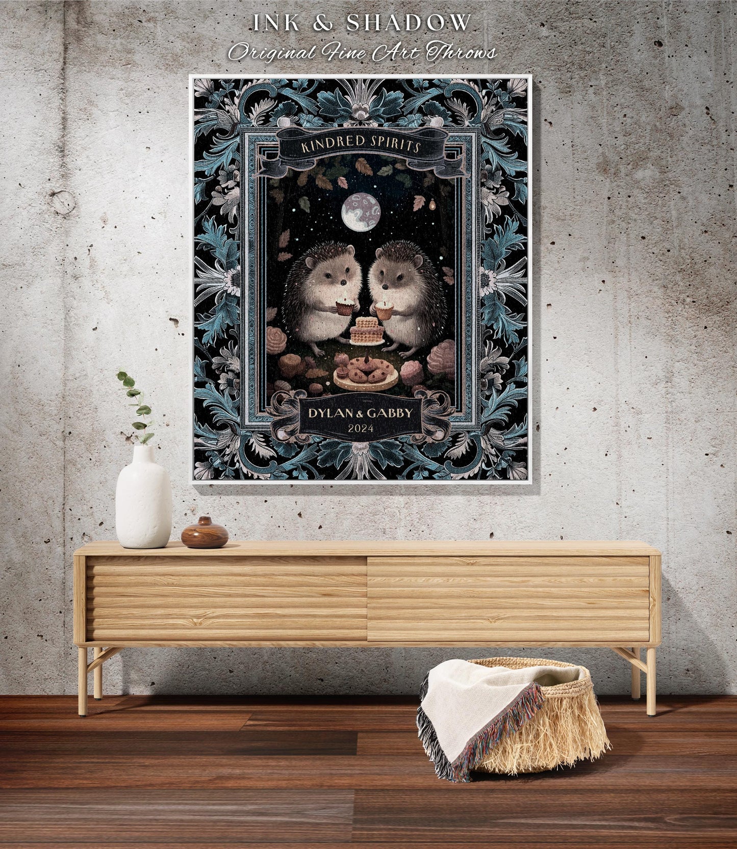 Moon Celestial Hedgehog Lovers Tapestry Blanket Dark Forestcore Mystic Aesthetic | Woodland Wedding Gift Custom Anniversary Cotton Blanket