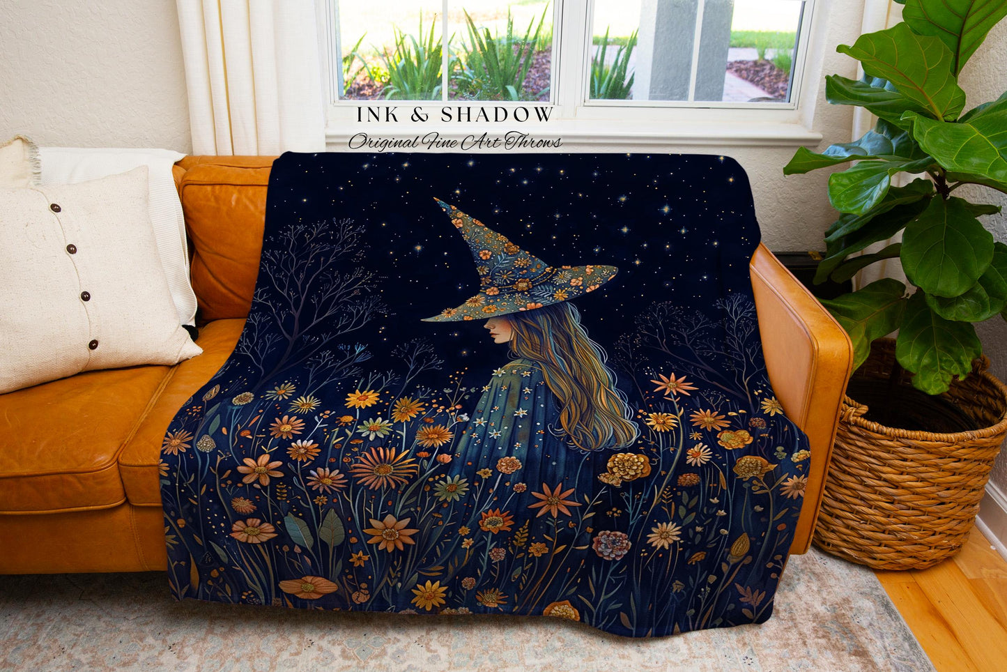 Moody Dark Fairycore Night Witchy Woven Throw Cottagecore Decor | Whimsical Cottagegoth Witch Floral Forestcore Mystic Art Tapestry Blanket