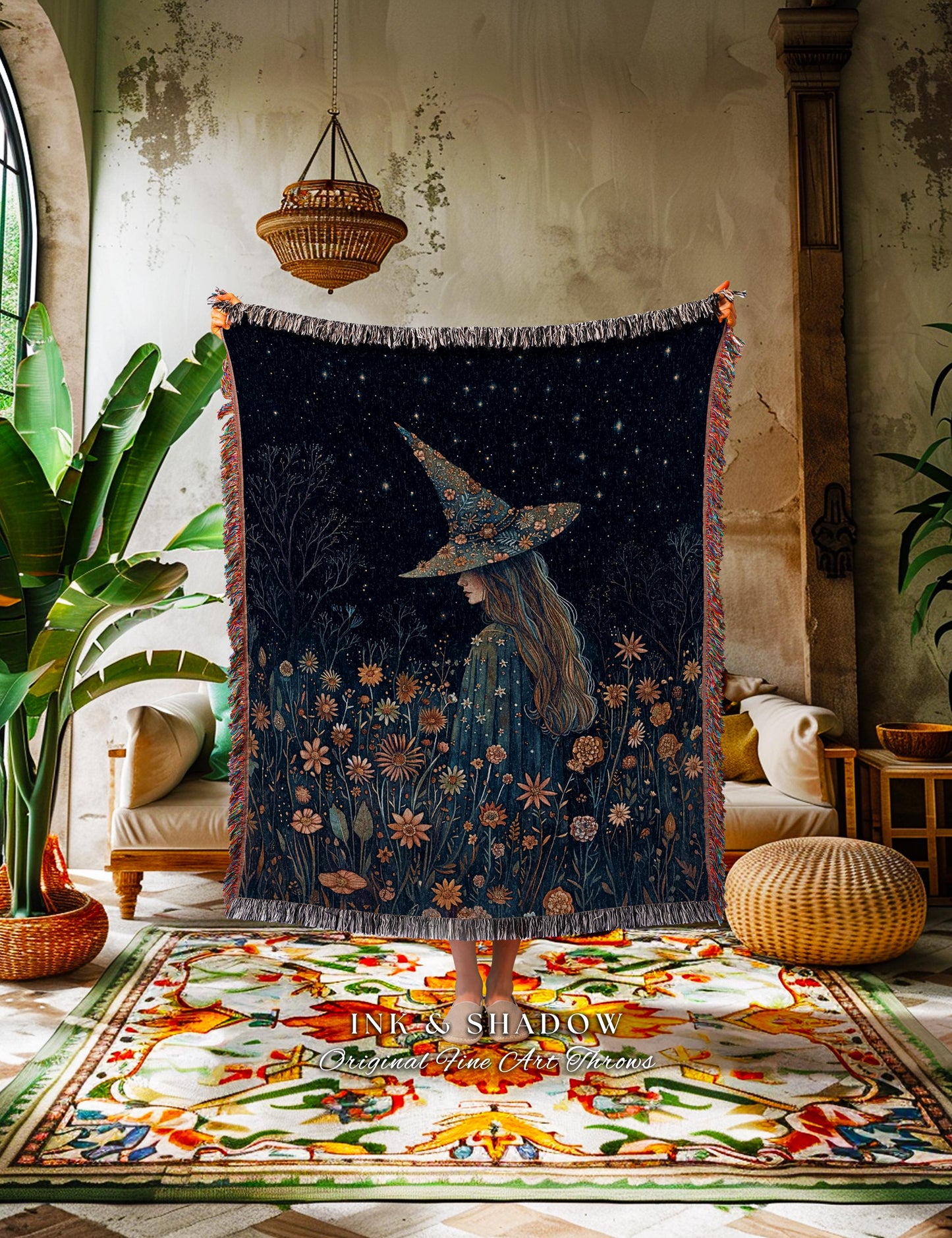 Moody Dark Fairycore Night Witchy Woven Throw Cottagecore Decor | Whimsical Cottagegoth Witch Floral Forestcore Mystic Art Tapestry Blanket