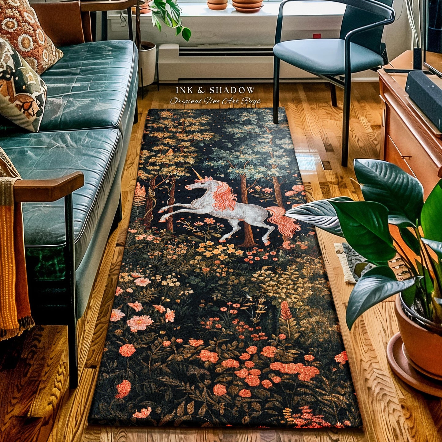Mystical Woodland Unicorn Rug Whimsical Fairycore Decor | Romantic Baroque Aesthetic Enchanted Forest Renaissance Design Medieval Gothic Rug