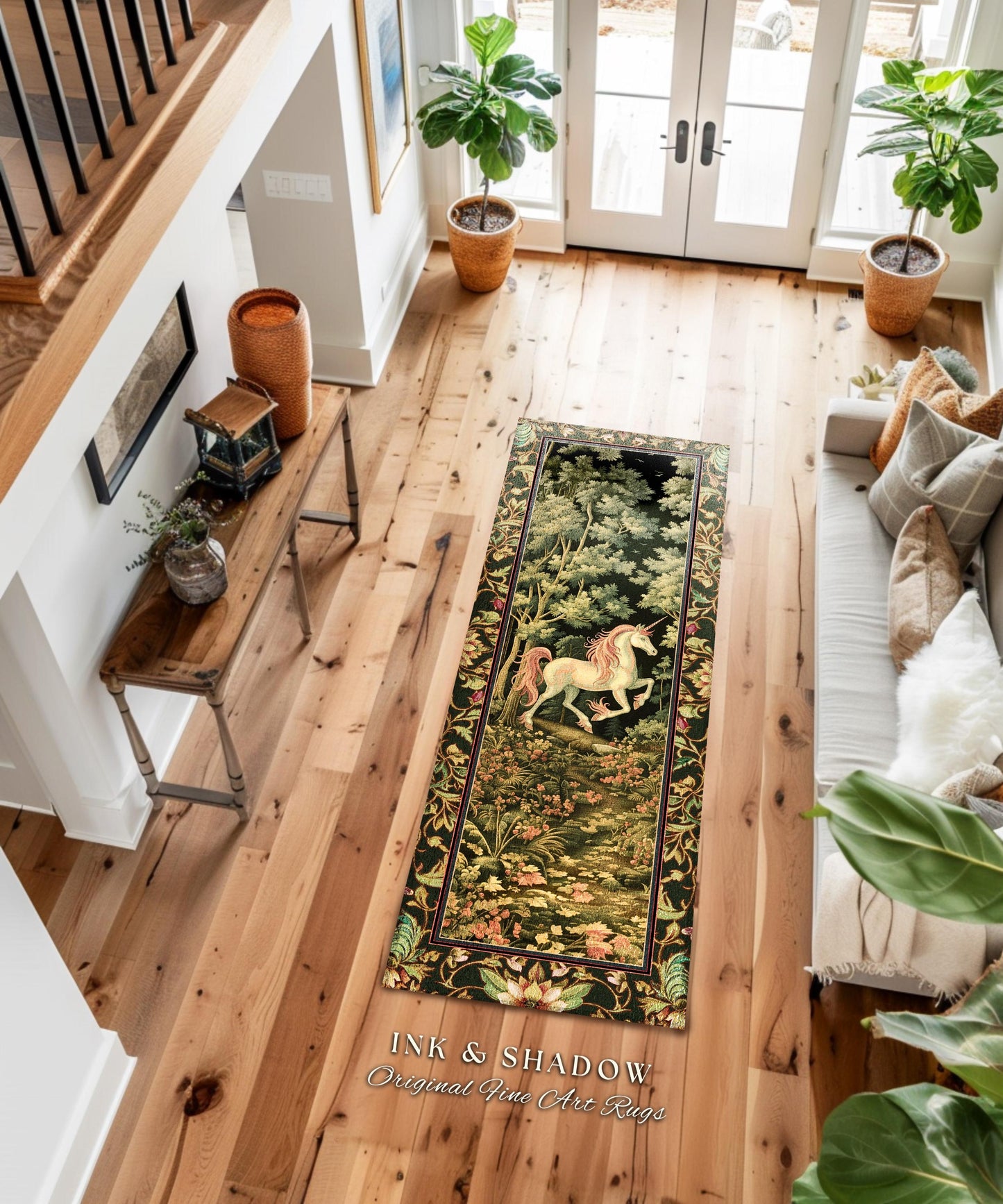 Medieval Unicorn Round Area Rug | Dark Woodland Aesthetic Enchanted Forest Decor Whimsical Cottagecore Mystic Fairytale Forestcore Accent |