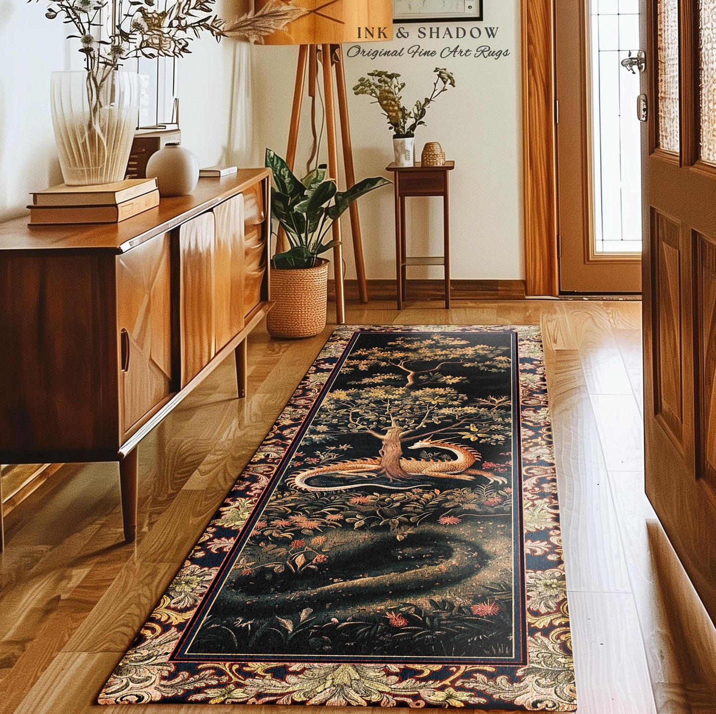 Ancient Dragon Art Area Rug Mystical Enchanting Forest Decor | Antique Baroque Aesthetic Academia Dark Fantasy Ethereal Rug Folklore Home