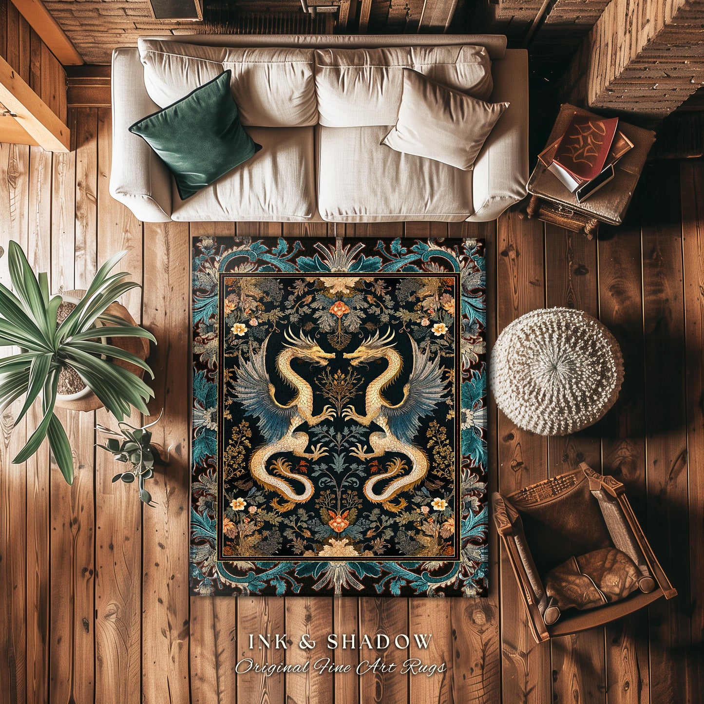 Art Deco Dragon Round Area Rug Antique Mystical Baroque Style Decor | Abstract Dragon Art Whimsical Aesthetic Home Dark Academia Teal Accent