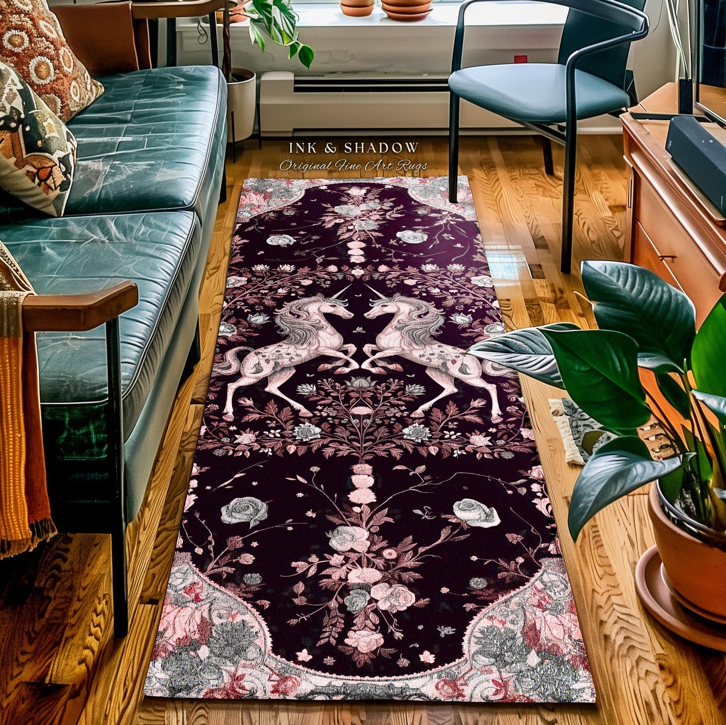 Dark Fairytale Unicorn Runner Rug | Whimsical Fairycore Home Accent Victorian Gothic Floral Decor Baroque Romantic Mystic Cute Area Rug Boho