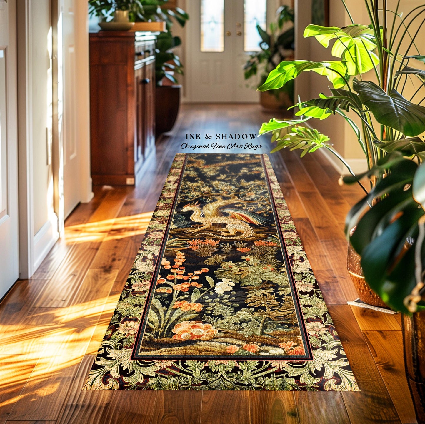 Baroque Dragon Fantasy Round Area Rug | Dark Medieval Enchanting Nature Accent Ancient Aesthetic Ethereal Storybook Home Accent Forestcore