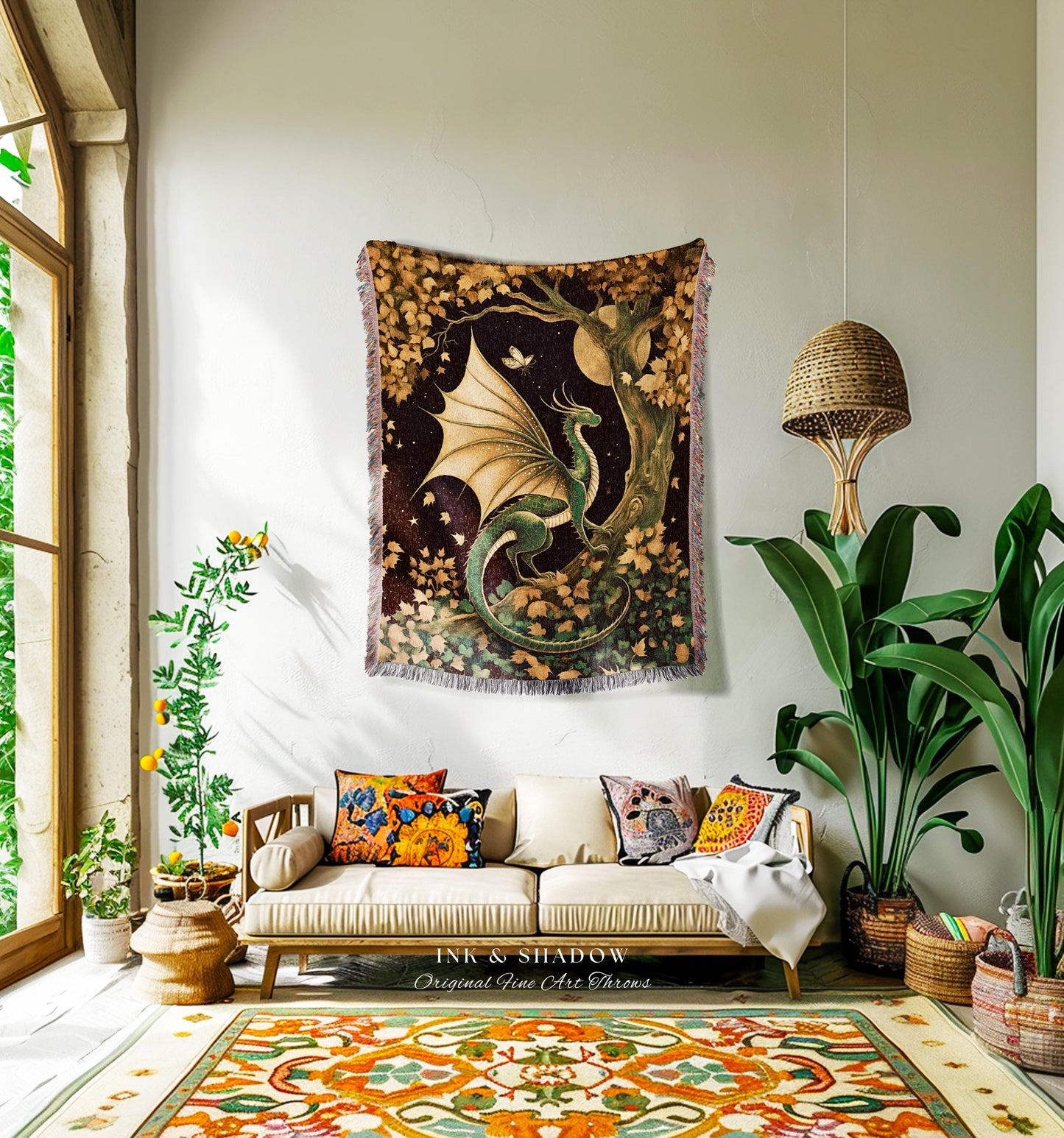 Gilded Hygge Antique Mystical Dragon Blanket Moonlit Forest Fantasy Art Throw | Vintage Celestial Romantic Baroque Woodland Gothic Tapestry