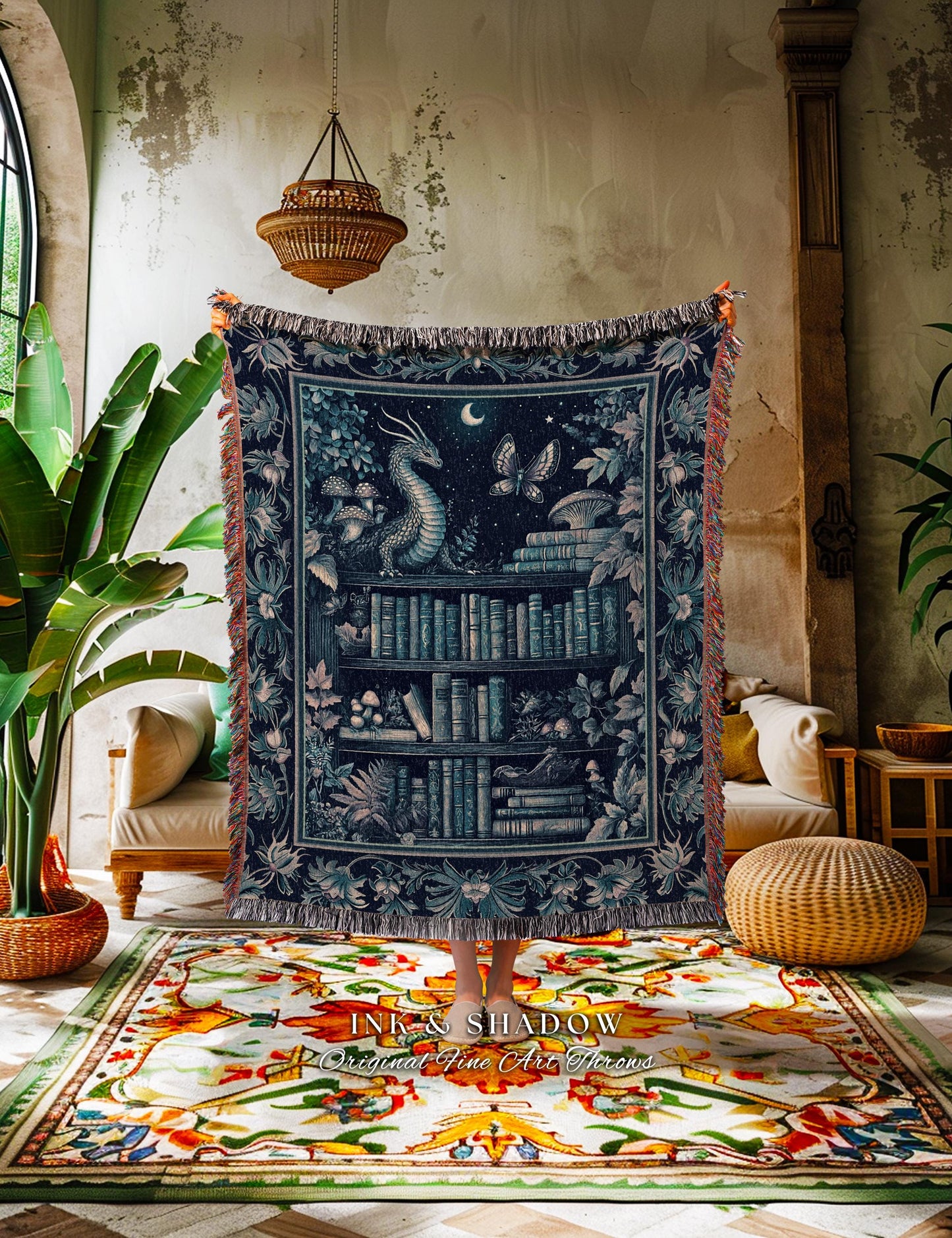Midnight Blue Enchanted Library Dragon Blanket Celestial Dark Academia Fairycore | Whimsical Gothic Cottagecore Fantasy Art Tapestry Throw