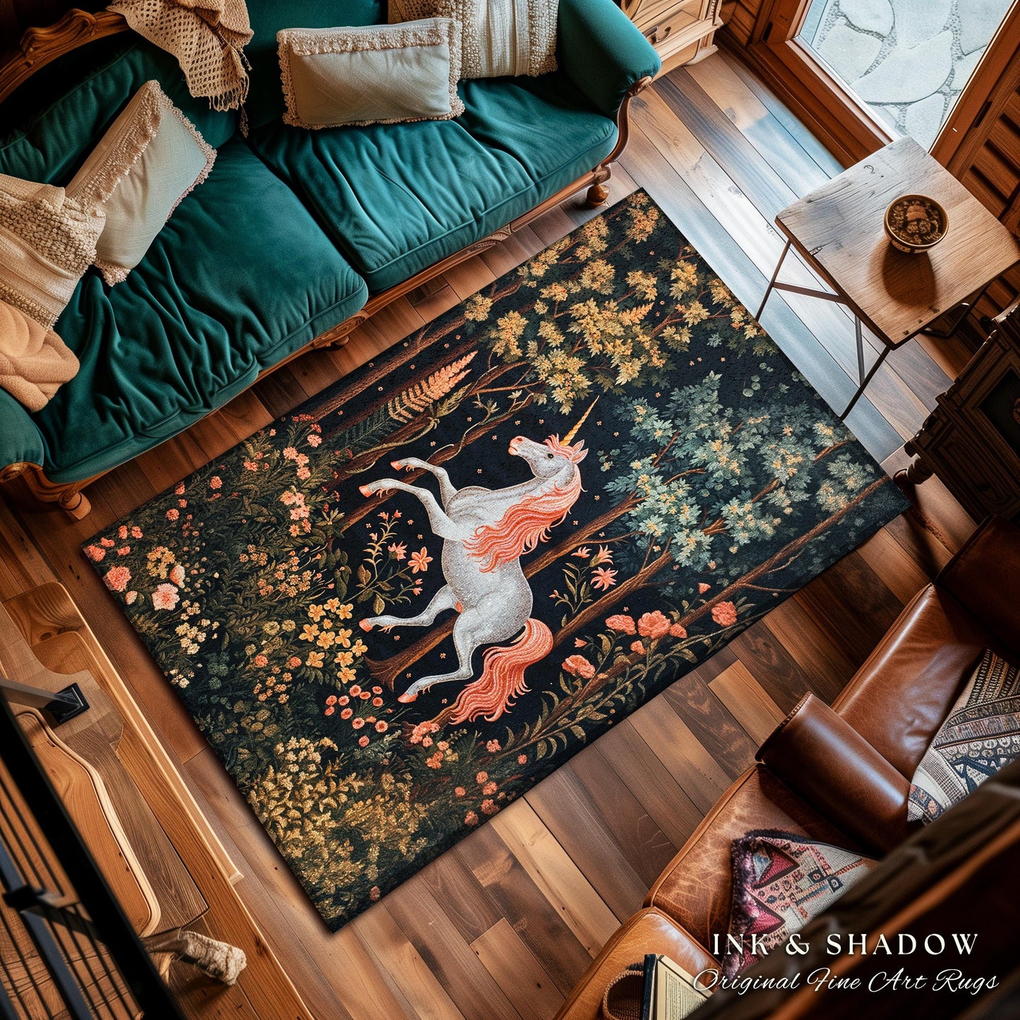 Mystical Woodland Unicorn Rug Whimsical Fairycore Decor | Romantic Baroque Aesthetic Enchanted Forest Renaissance Design Medieval Gothic Rug