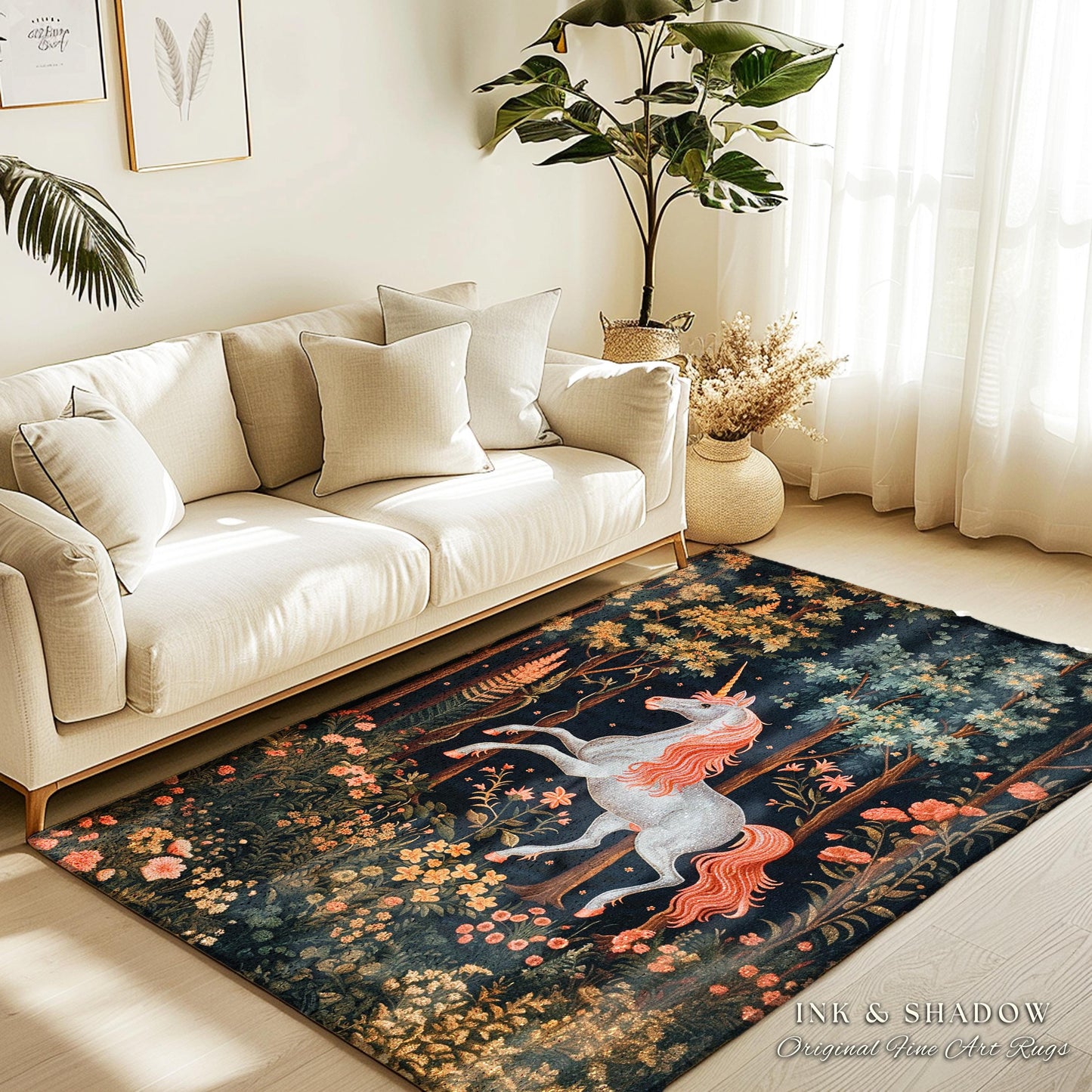 Mystical Woodland Unicorn Rug Whimsical Fairycore Decor | Romantic Baroque Aesthetic Enchanted Forest Renaissance Design Medieval Gothic Rug