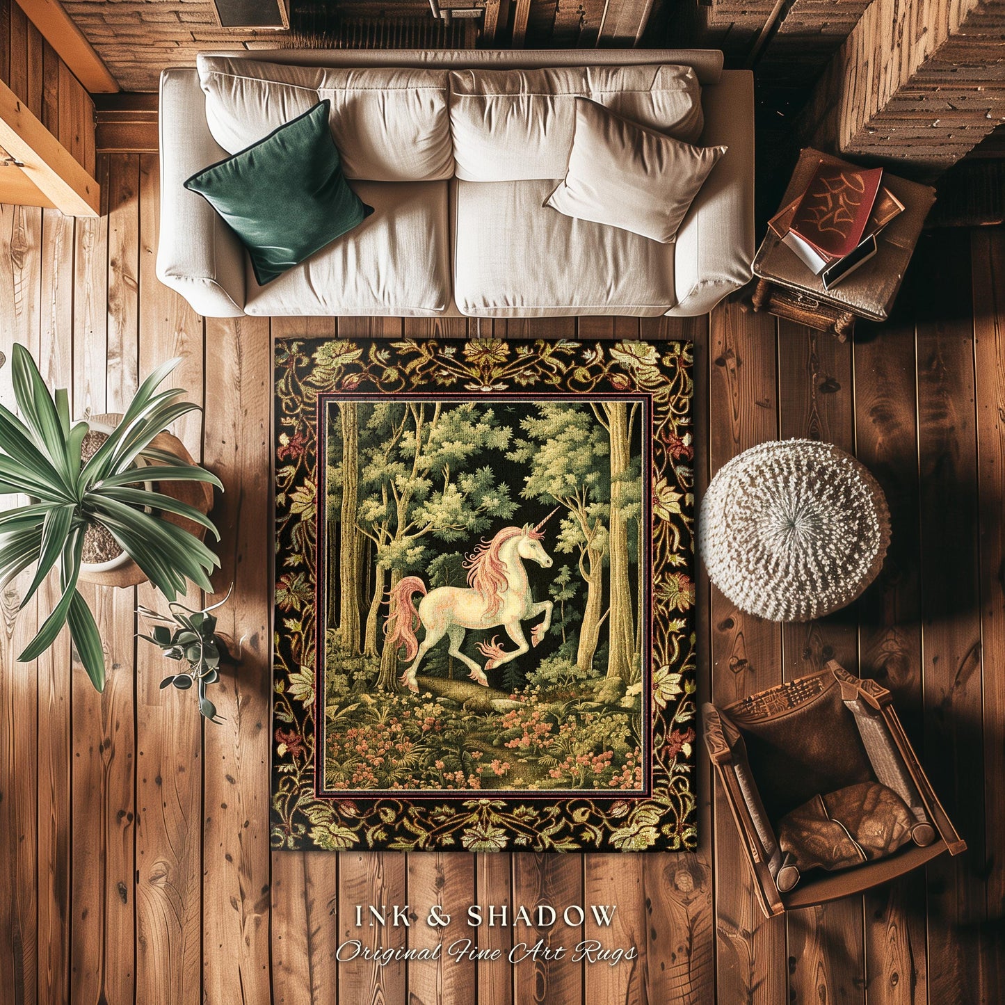 Medieval Unicorn Round Area Rug | Dark Woodland Aesthetic Enchanted Forest Decor Whimsical Cottagecore Mystic Fairytale Forestcore Accent |