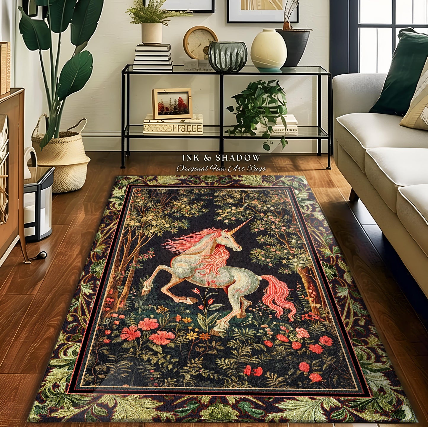 Whimsical Enchanted Unicorn Round Rug Victorian Gothic Dark Cottagecore Decor, Renaissance Folklore Accent Baroque Fairytale Aesthetic Home