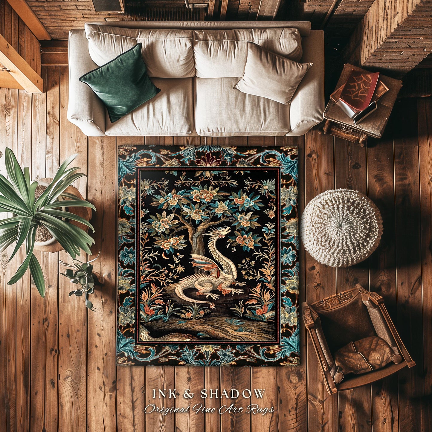 Dark Nature Enchanting Dragon Art Exotic Home Decor Mystical Fantasy Round Dragon Rug | Ethereal Woodland Magical Creature Goblincore Rugs