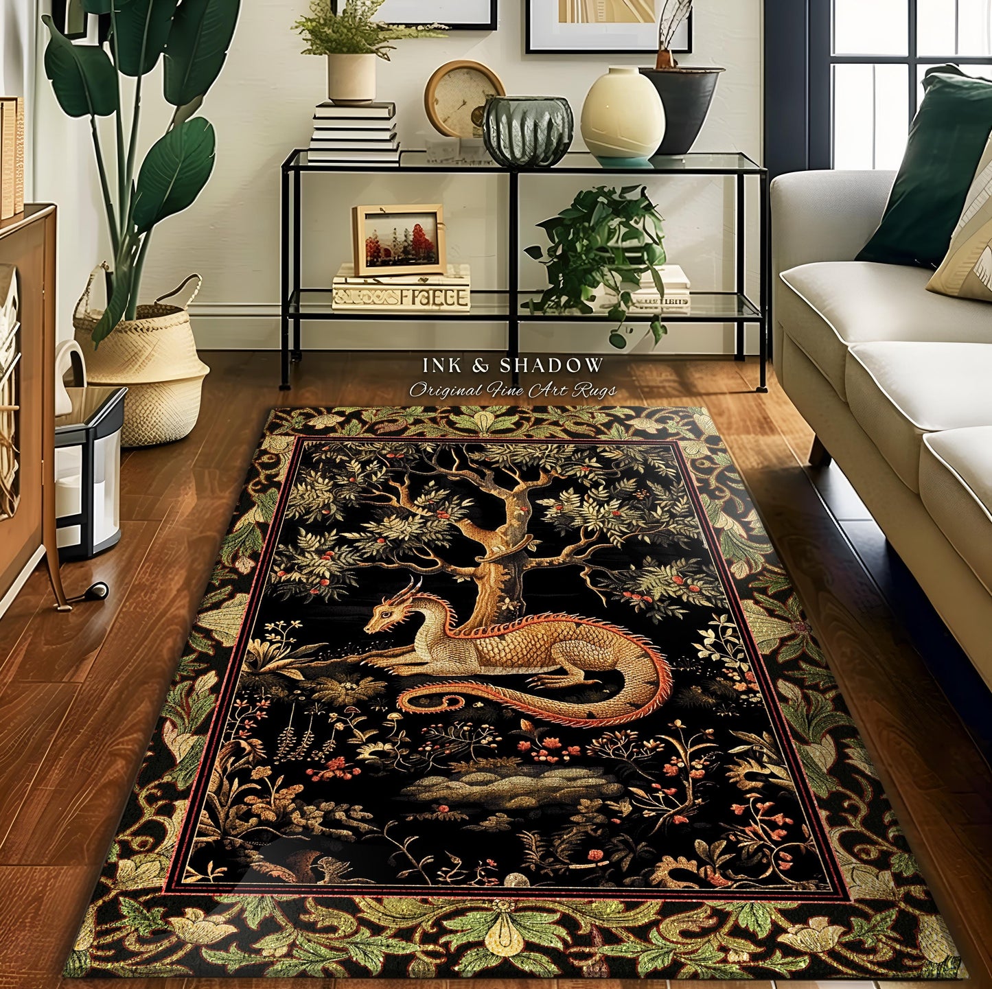 Bohemian Dragon Round Area Rug Artistic Escape Academia Baroque Inspired | Ethereal Gothic Enchanting Mystical Art Nouveau Antique Decor |