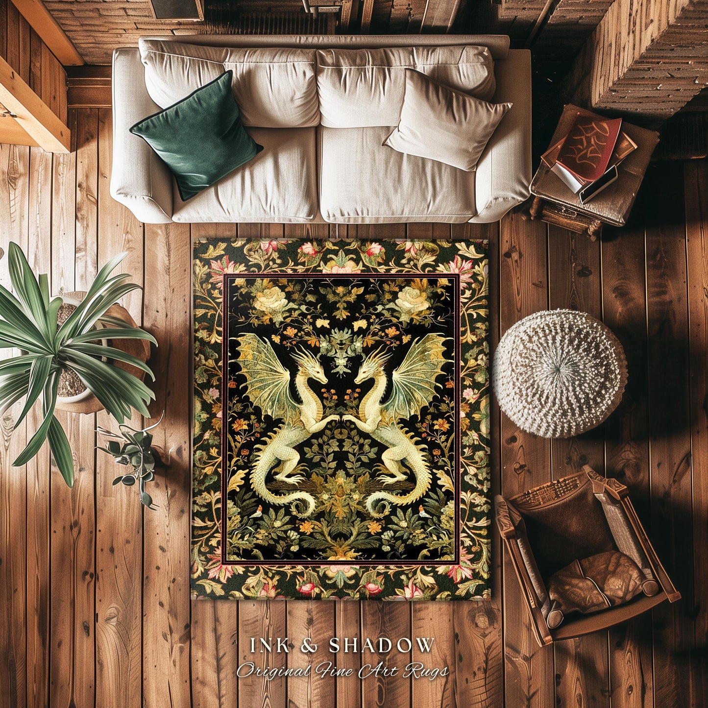 Ornate Antique Gold Folklore Aesthetic Baroque Dragon Round Area Rug | Enchanting Art Deco Goth Decor Maximalist Fantasy Mystic Home Accent
