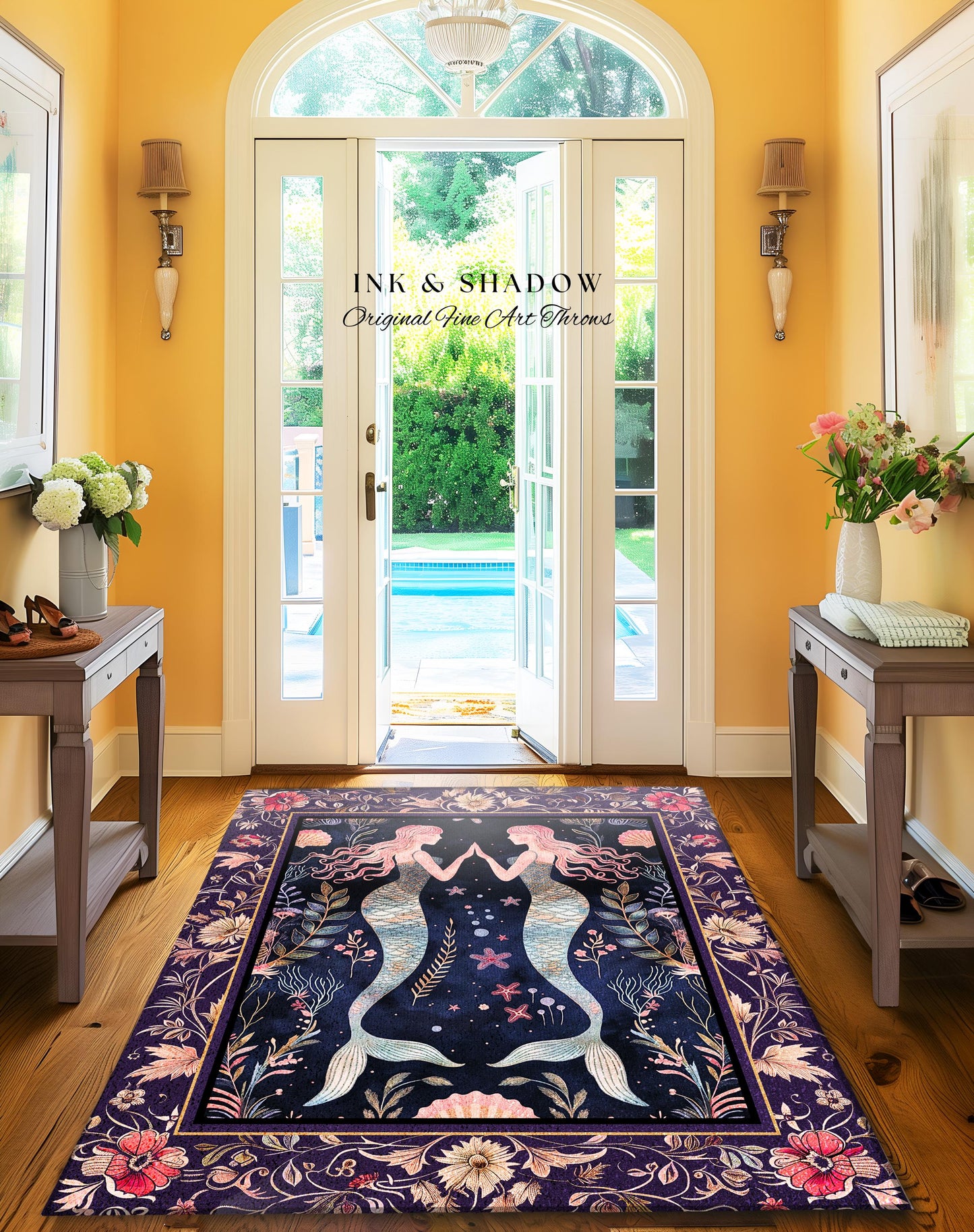 Retro Art Deco Mermaid Art Runner Rug Whimsical Coastal Cottagecore Vintage Floral Purple Decor, Enchanted Underwater Fantasy Sea Scene Rug