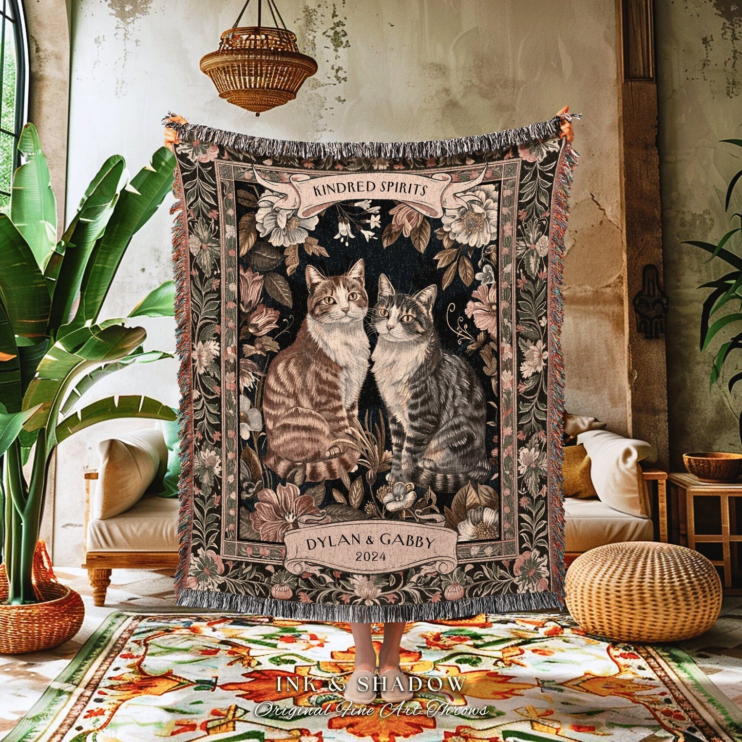 Kindred Spirits Cat Friends Blanket | Witchy Aesthetic Woven Throw Custom BFF Gift for Cat Lover Personalized Dark Academia Gothic Style |