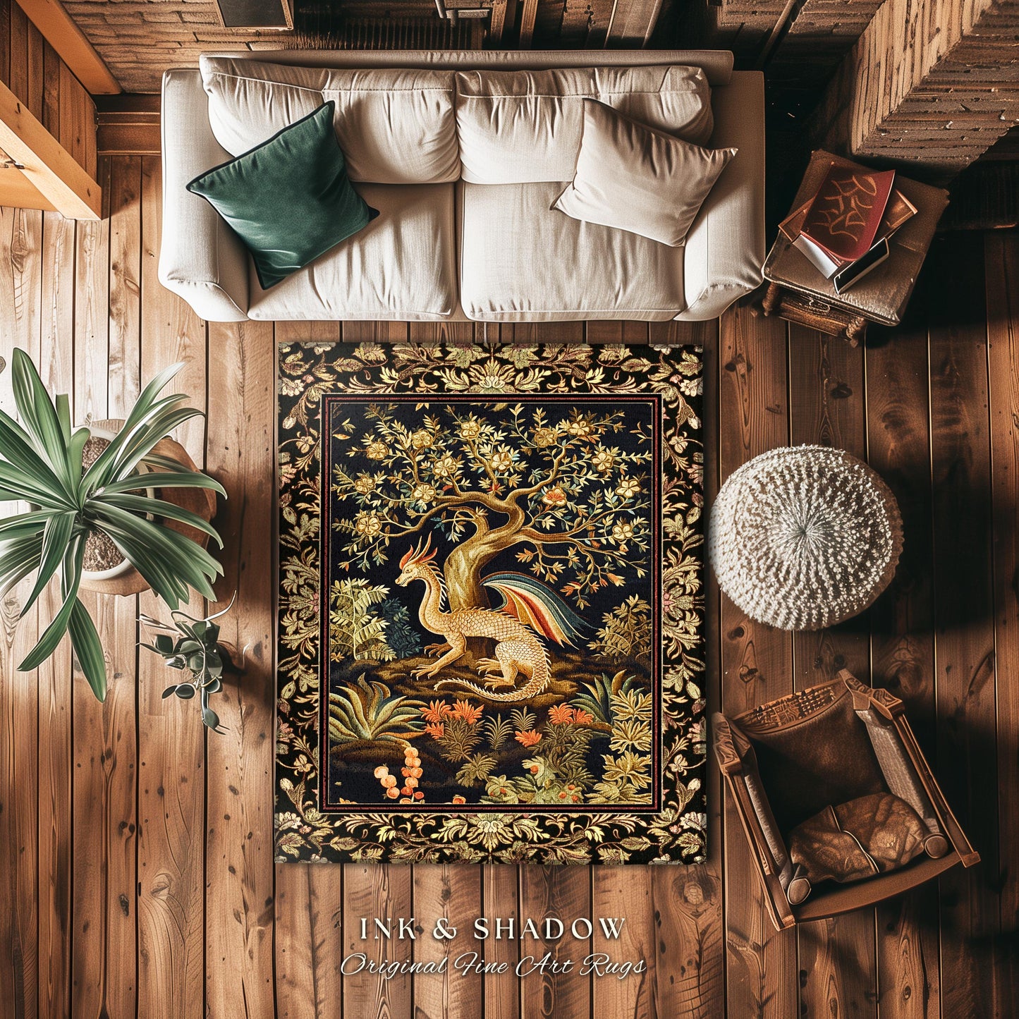 Baroque Dragon Fantasy Round Area Rug | Dark Medieval Enchanting Nature Accent Ancient Aesthetic Ethereal Storybook Home Accent Forestcore