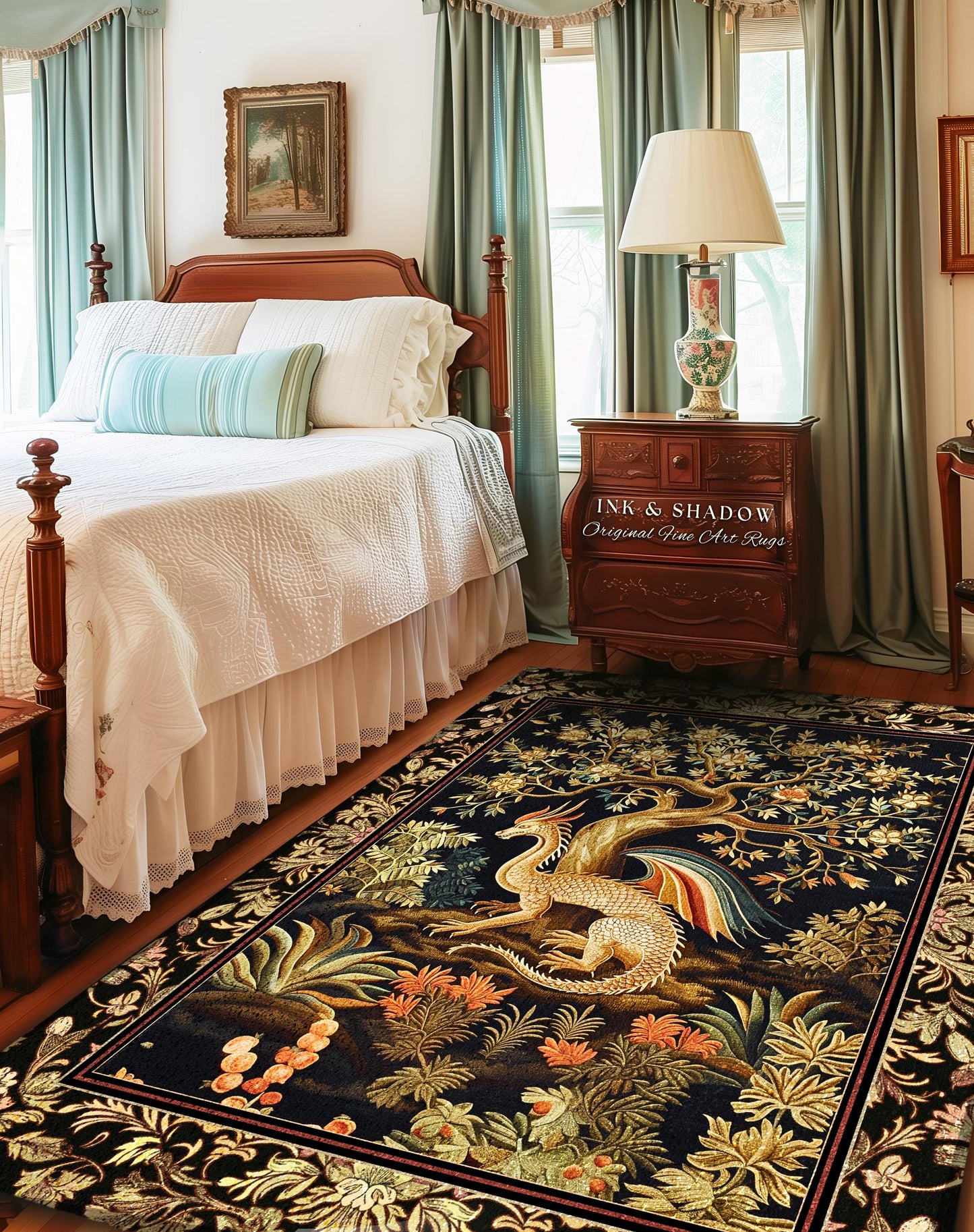 Baroque Dragon Fantasy Round Area Rug | Dark Medieval Enchanting Nature Accent Ancient Aesthetic Ethereal Storybook Home Accent Forestcore