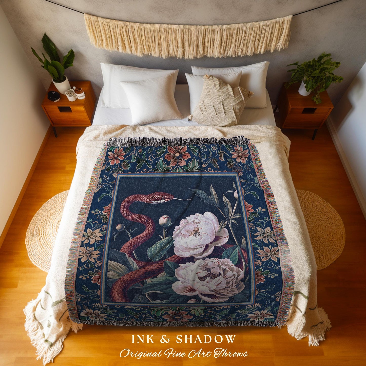 Moody Dark Botanical Serpent Enchanted Floral Tapestry Blanket Exotic Gothic Decor | Ethereal Woodland Snake Victorian Art Nouveau Throw