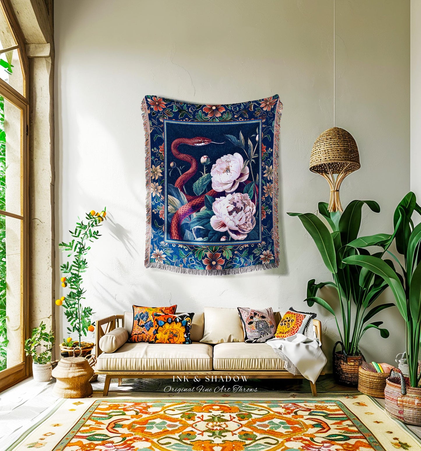 Moody Dark Botanical Serpent Enchanted Floral Tapestry Blanket Exotic Gothic Decor | Ethereal Woodland Snake Victorian Art Nouveau Throw