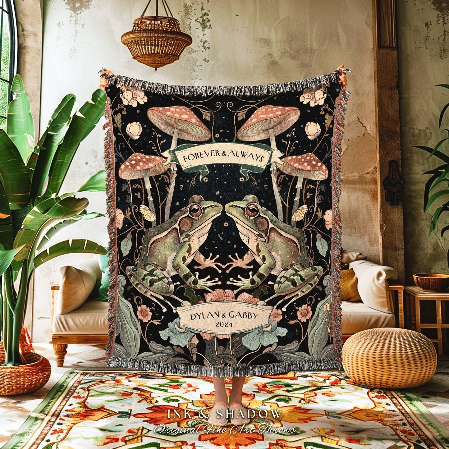 Woodland Mushroom Couple Blanket | Gothic Frog and Toad Lovers Tapestry Woven Throw Personalized Anniversary Cottagecore Gift for Girlfriend
