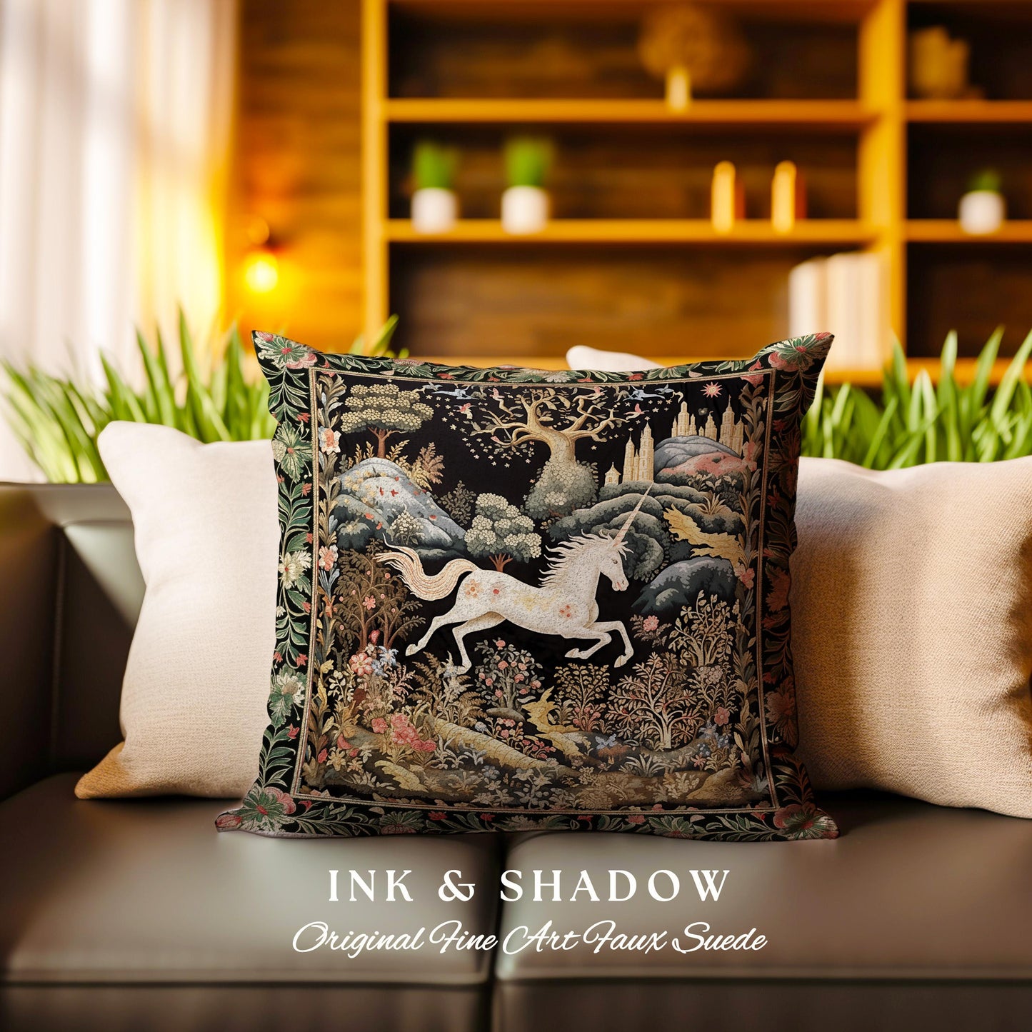 Fairytale Unicorn Pillow Mystical Folklore Aesthetic Whimsical Forestcore | Fairycore Cottagecore Magic Woodland Art Woven Tapestry Cushion